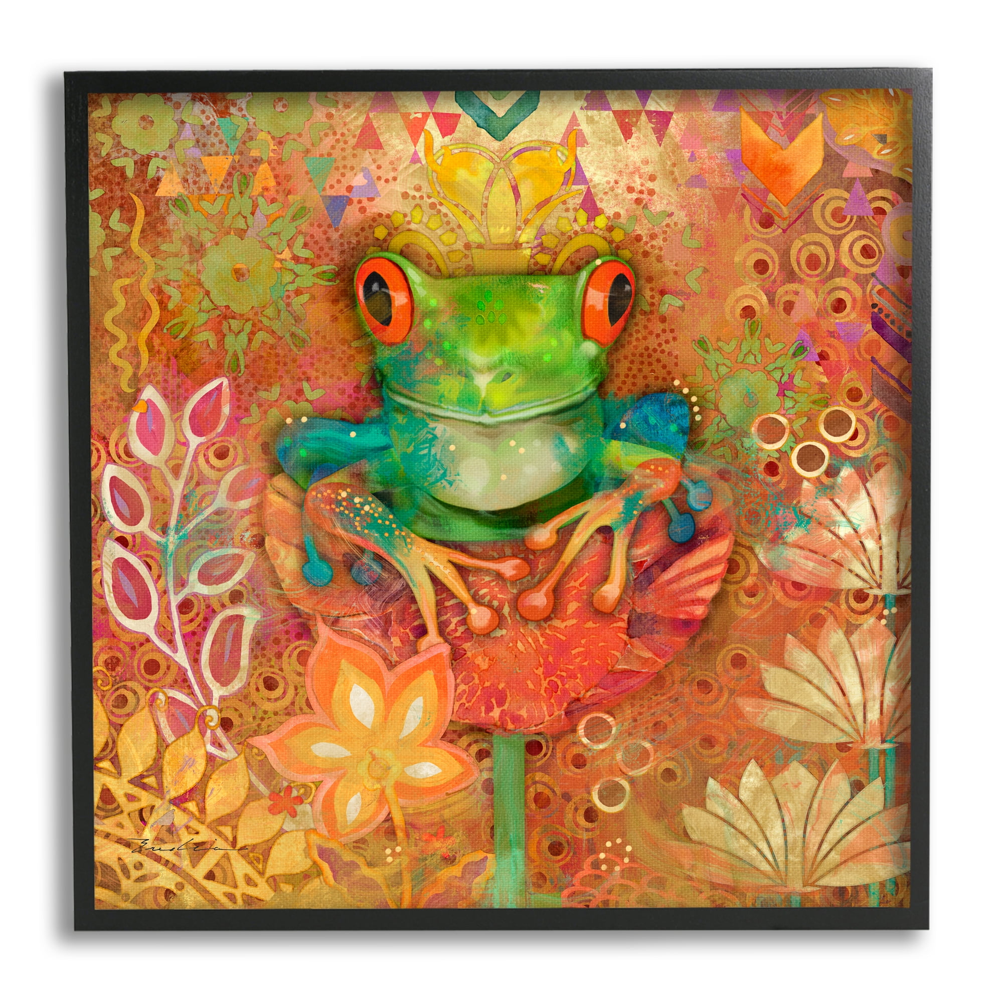 Vibrant Multicolor Frog on Flower Canvas Print with Black Frame, 12 x 12