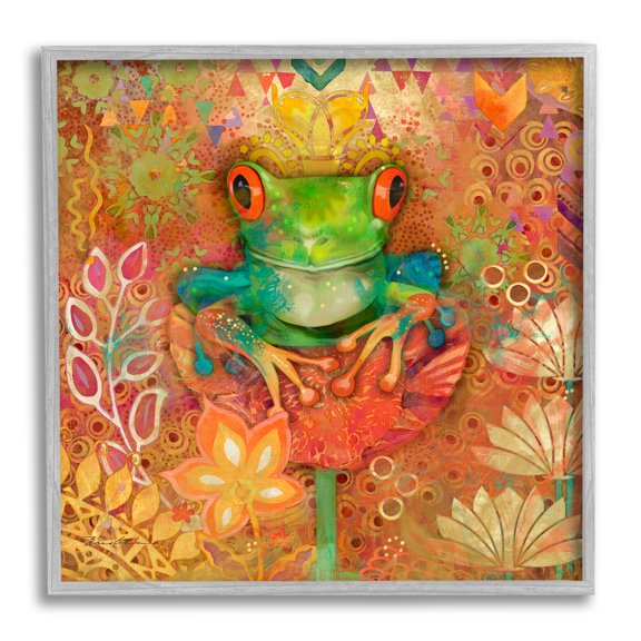 Stupell Industries Frog Perched on Flower Animals & Insects Painting Gray Framed Art Print Wall Art, 24 x 24
