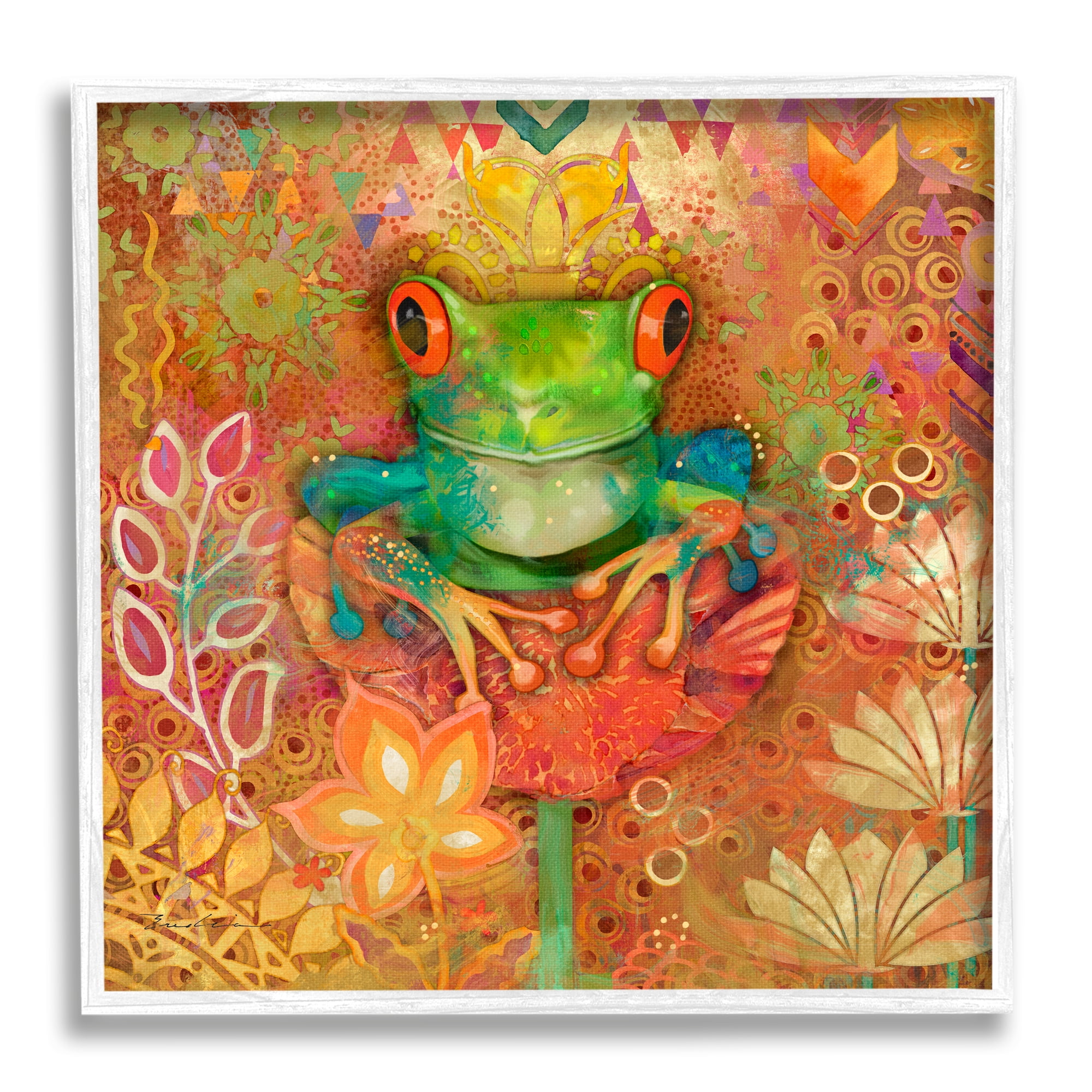 Colorful Frog on Flower Canvas Print with White Frame, 12 x 12