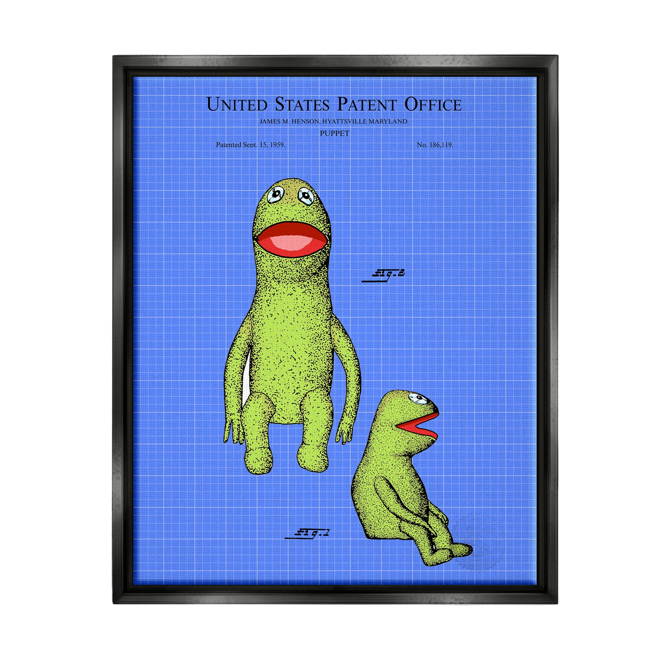Stupell Industries Frog Puppet Character Blueprint Graphic Art Jet Black Floating Framed Canvas Print Wall Art, Design by Karl Hronek