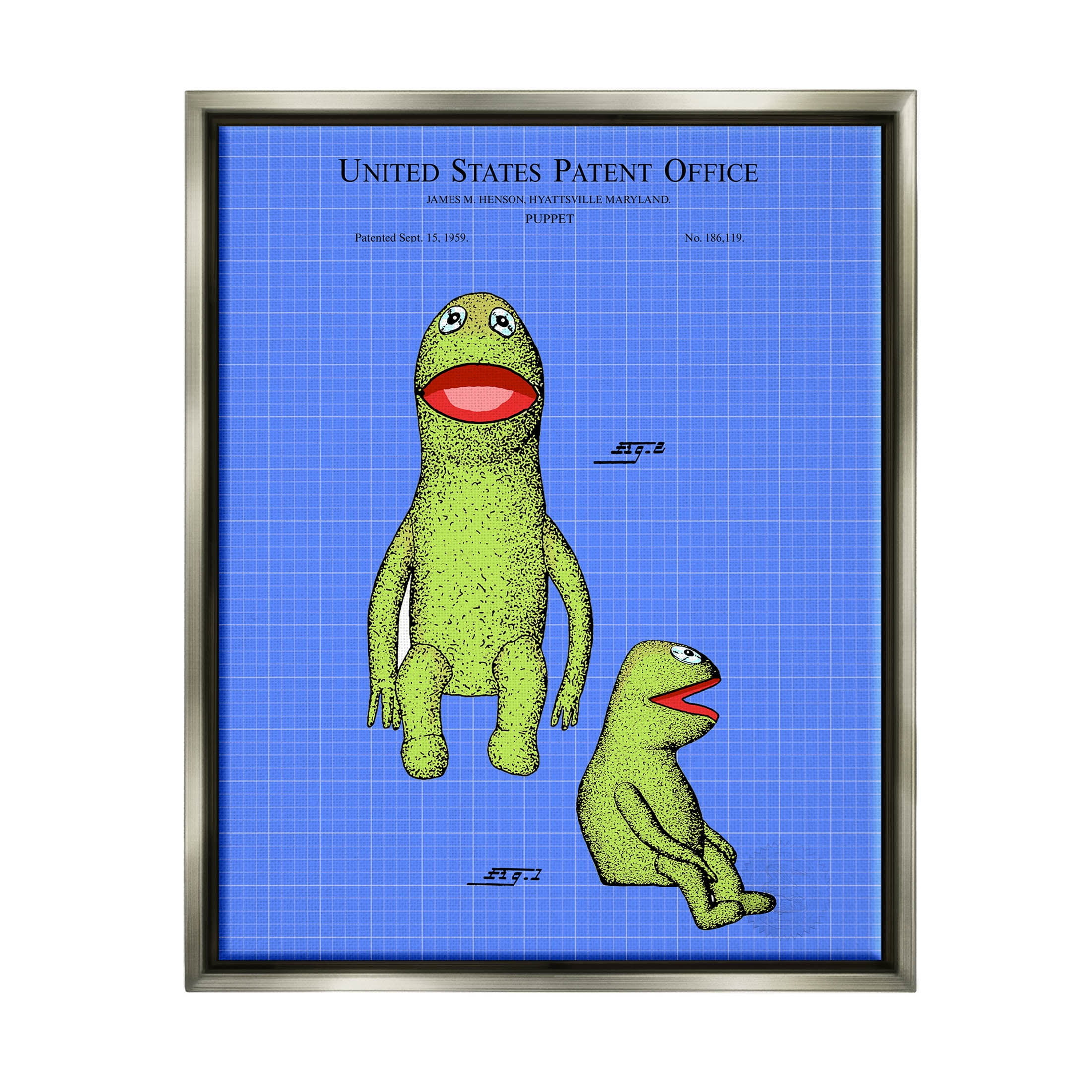 Stupell Industries Frog Puppet Character Blueprint Graphic Art Luster Gray Floating Framed Canvas Print Wall Art, Design by Karl Hronek