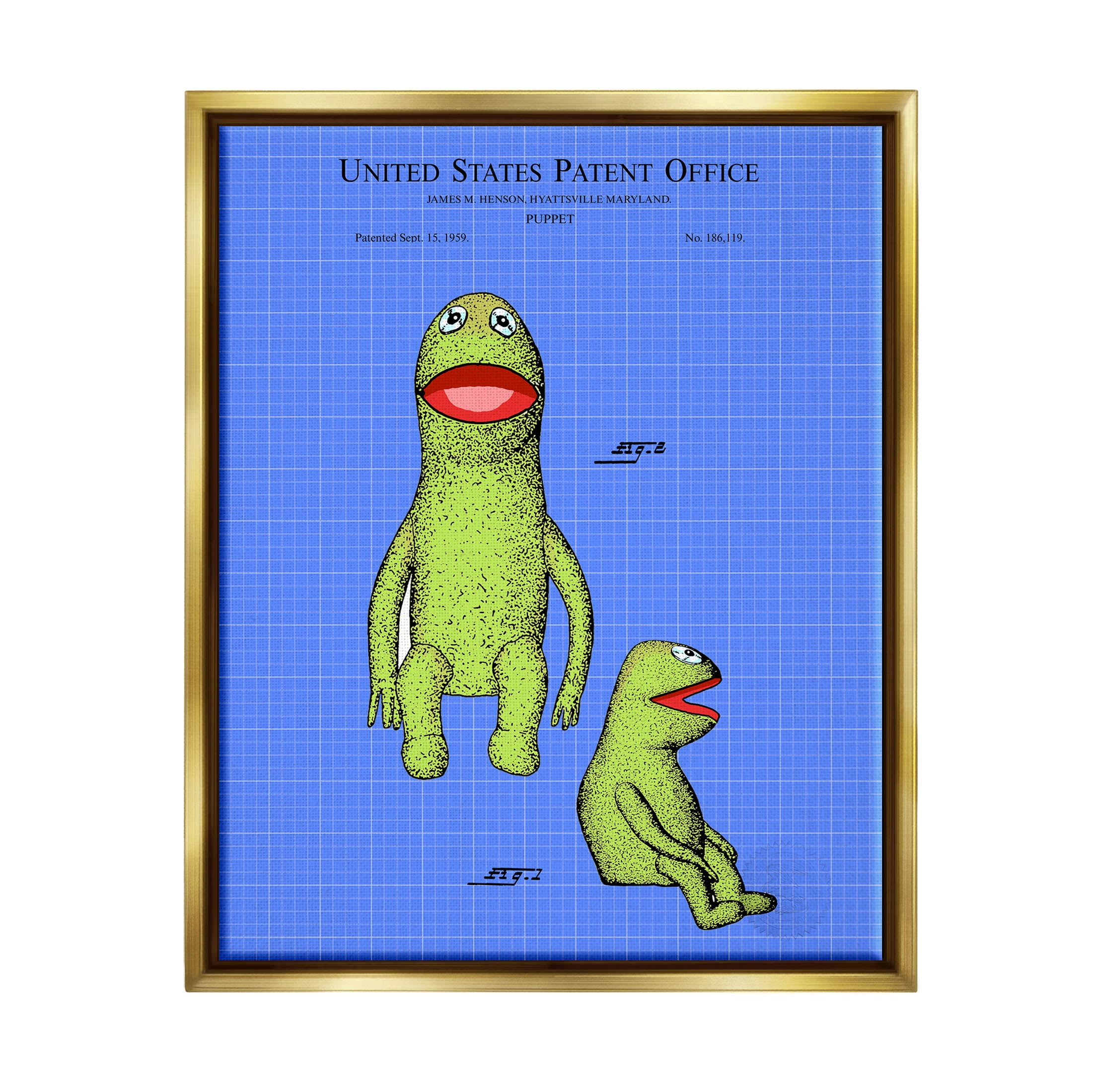 Stupell Industries Frog Puppet Character Blueprint Graphic Art Metallic Gold Floating Framed Canvas Print Wall Art, Design by Karl Hronek