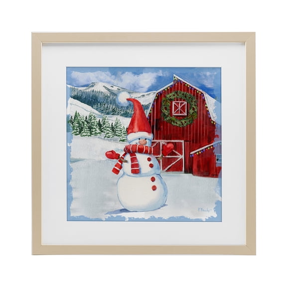 Frosty Barn Snowman Brown Framed Print Under Glass, 16 x 16, Made In USA