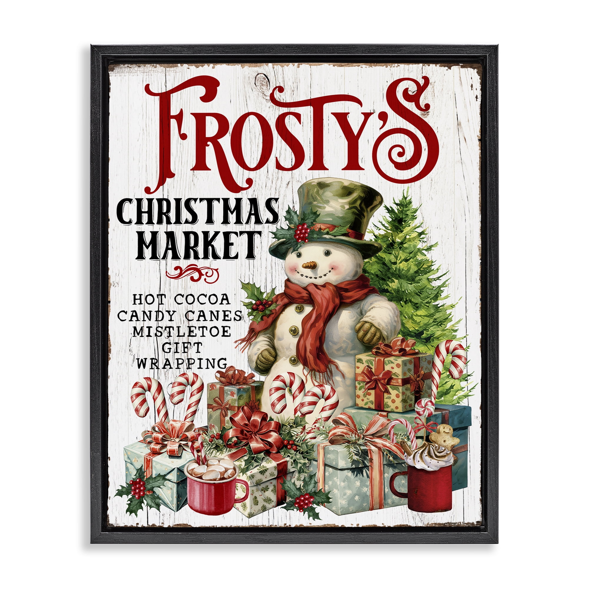 Stupell Industries Frosty's Christmas Market Holiday Painting Black Floater Framed Canvas Art Prints Wall Art, 25 x 31