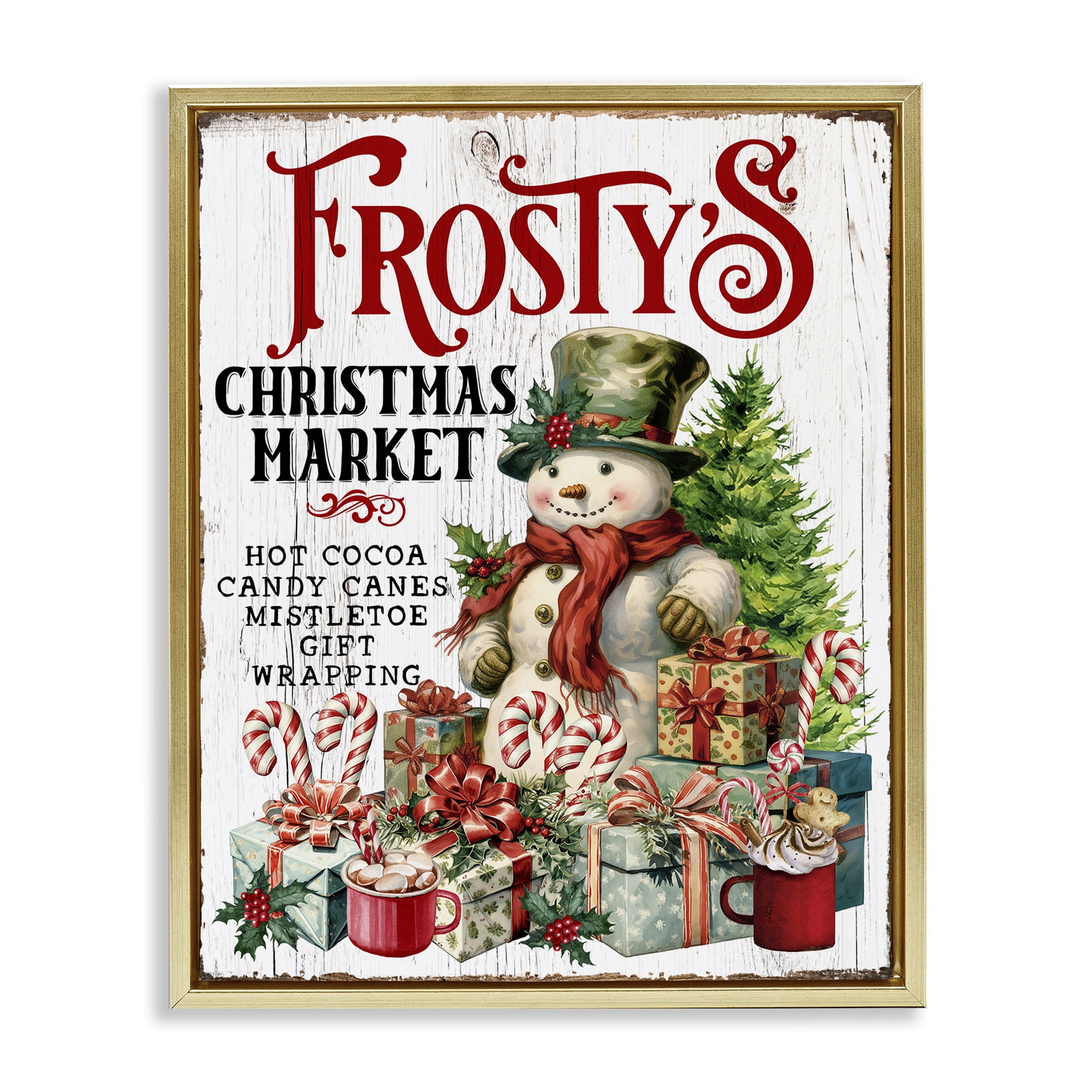 Stupell Industries Frosty's Christmas Market Holiday Painting Gold Floater Framed Canvas Art Prints Wall Art, 25 x 31