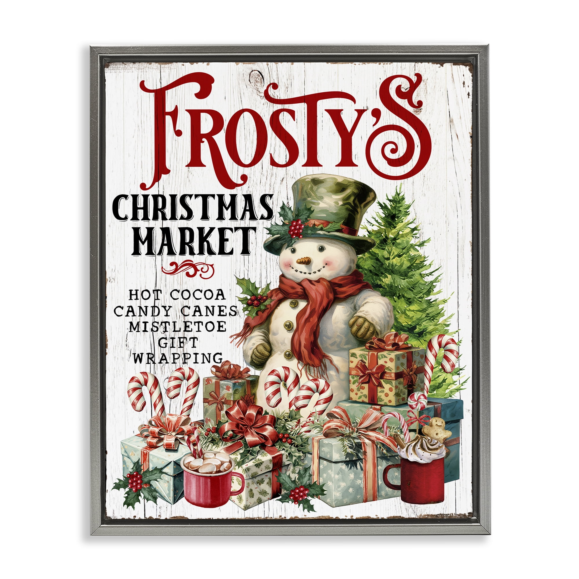 Stupell Industries Frosty's Christmas Market Holiday Painting Gray Floater Framed Canvas Art Prints Wall Art, 17 x 21