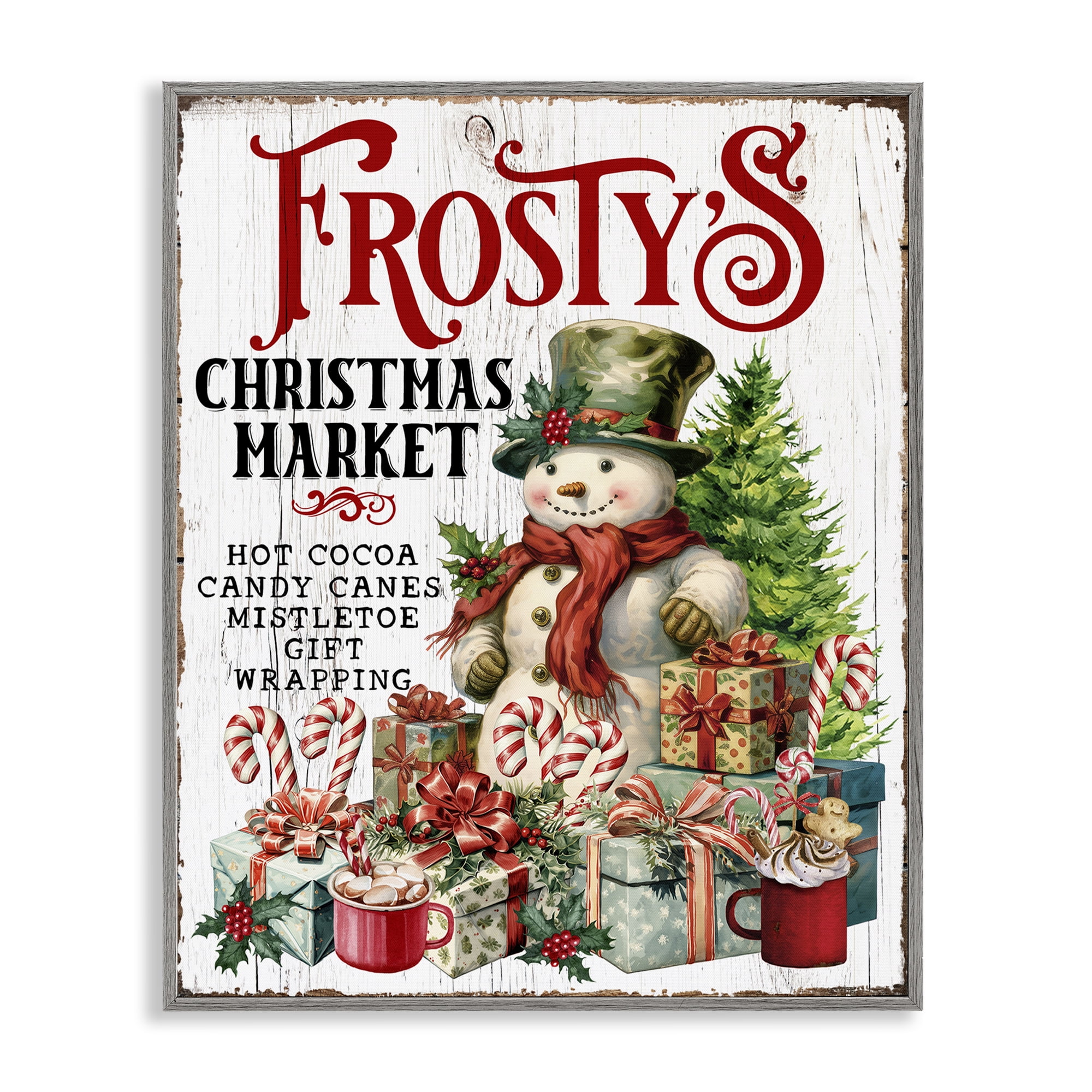 Stupell Industries Frosty's Christmas Market Holiday Painting Gray Framed Art Prints Wall Art, 16 x 20