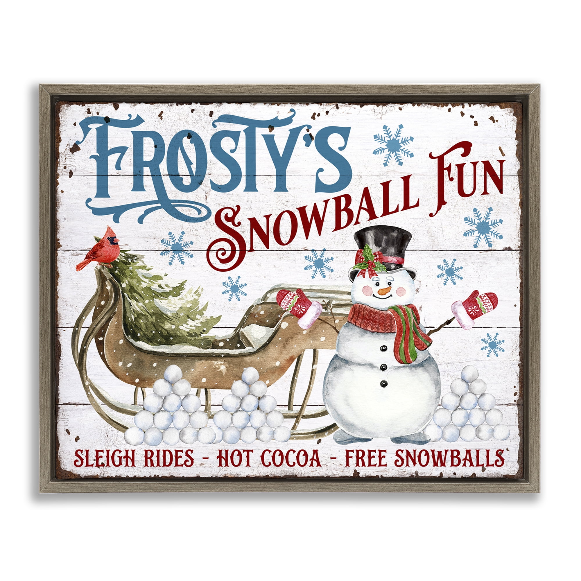 Stupell Industries Frosty's Snowball Fun Holiday Painting Brown Floater Framed Canvas Art Prints Wall Art, 31 x 25