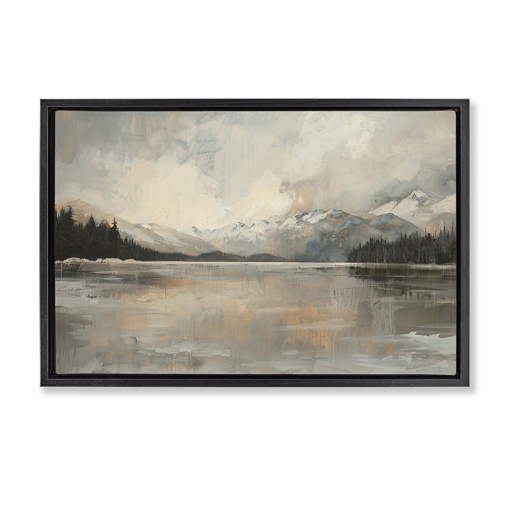 Stupell Industries Frozen Lake Landscape Landscape & Nature Painting Black Floater Framed Canvas Art Print Wall Art, 31 x 21