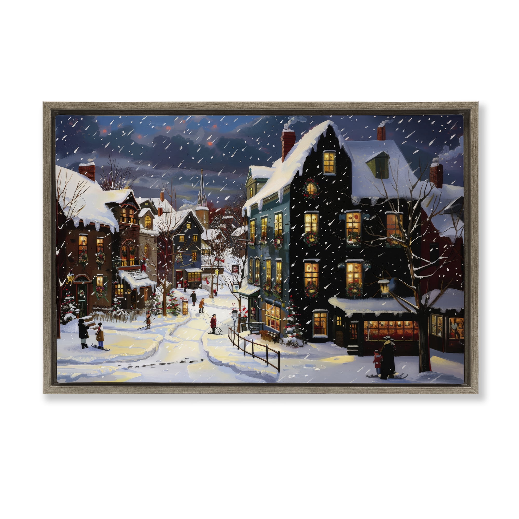 Stupell Industries Frozen Urban Charm Town & City Painting Brown Floater Framed Canvas Art Prints Wall Art, 31 x 21