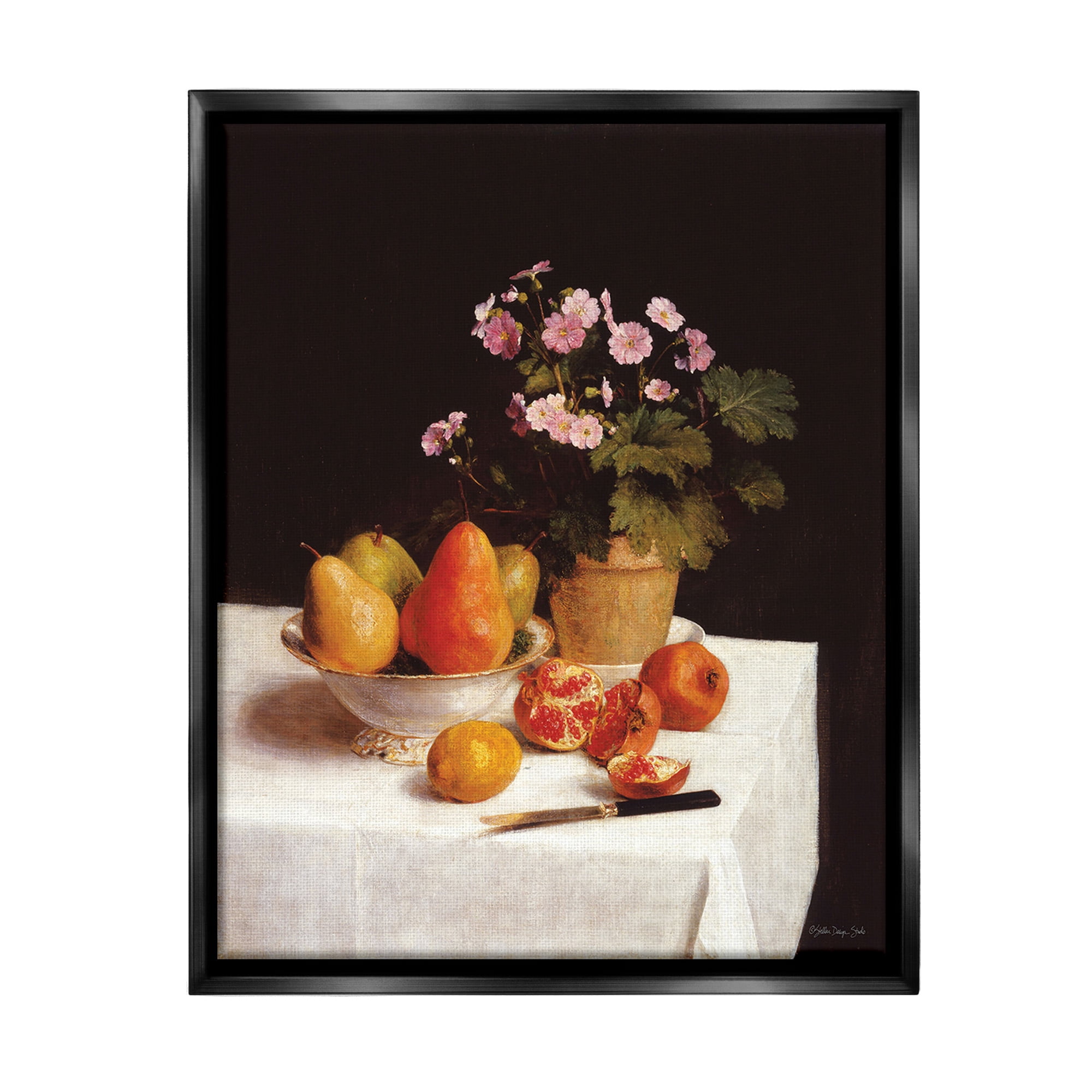 Stupell Industries Fruit & Bouquet Still Life Food & Beverage Painting Black Floater Framed Canvas Art Print Wall Art, 25 x 31