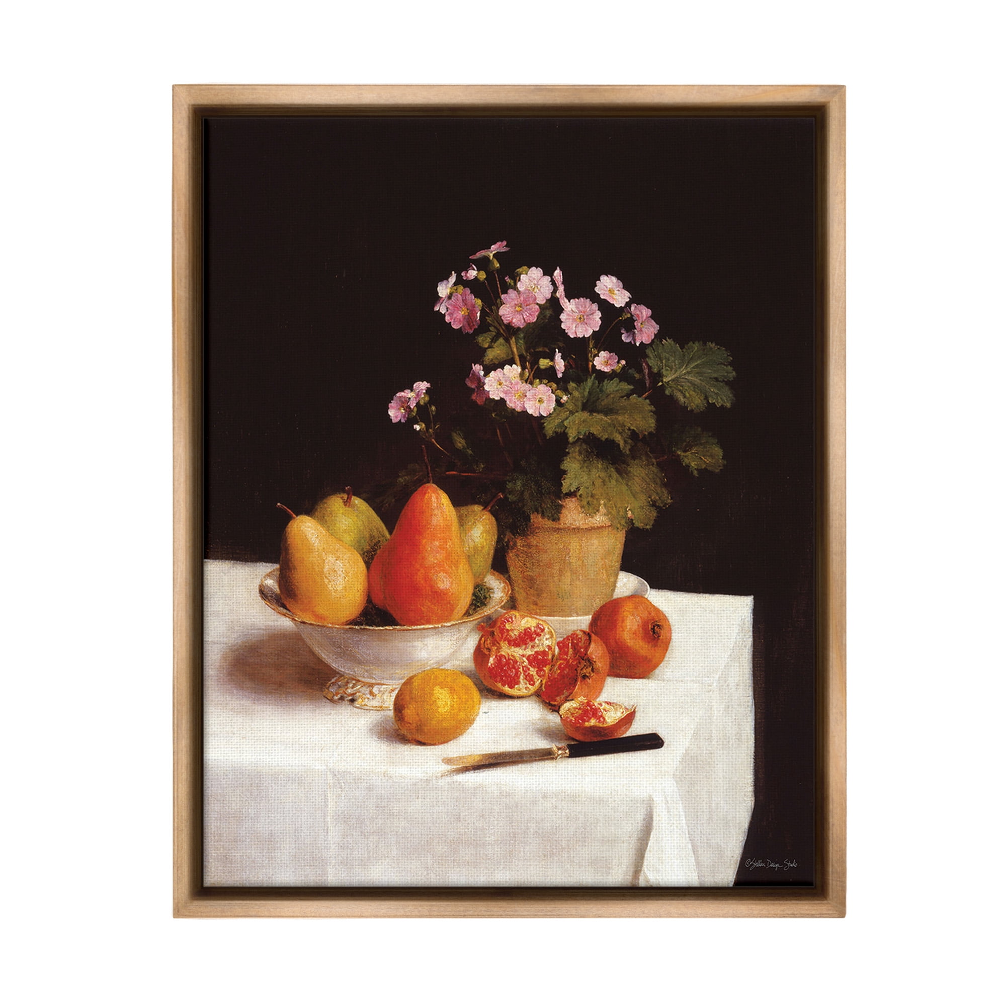 Stupell Industries Fruit & Bouquet Still Life Food & Beverage Painting Brown Floater Framed Canvas Art Print Wall Art, 17 x 21