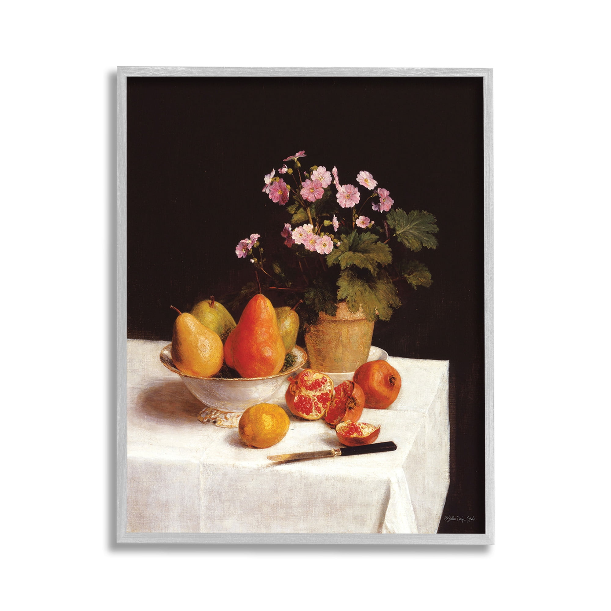 Stupell Industries Fruit & Bouquet Still Life Food & Beverage Painting Gray Framed Art Print Wall Art, 11 x 14
