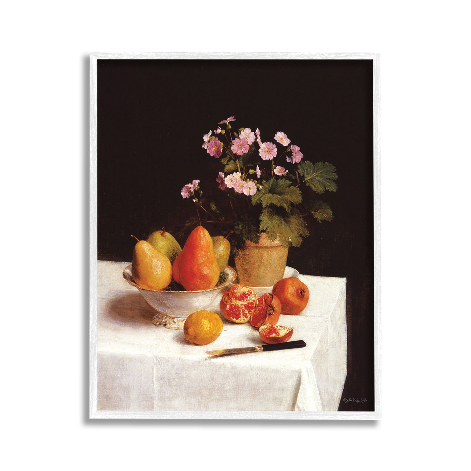 Stupell Industries Fruit & Bouquet Still Life Food & Beverage Painting White Framed Art Print Wall Art, 11 x 14