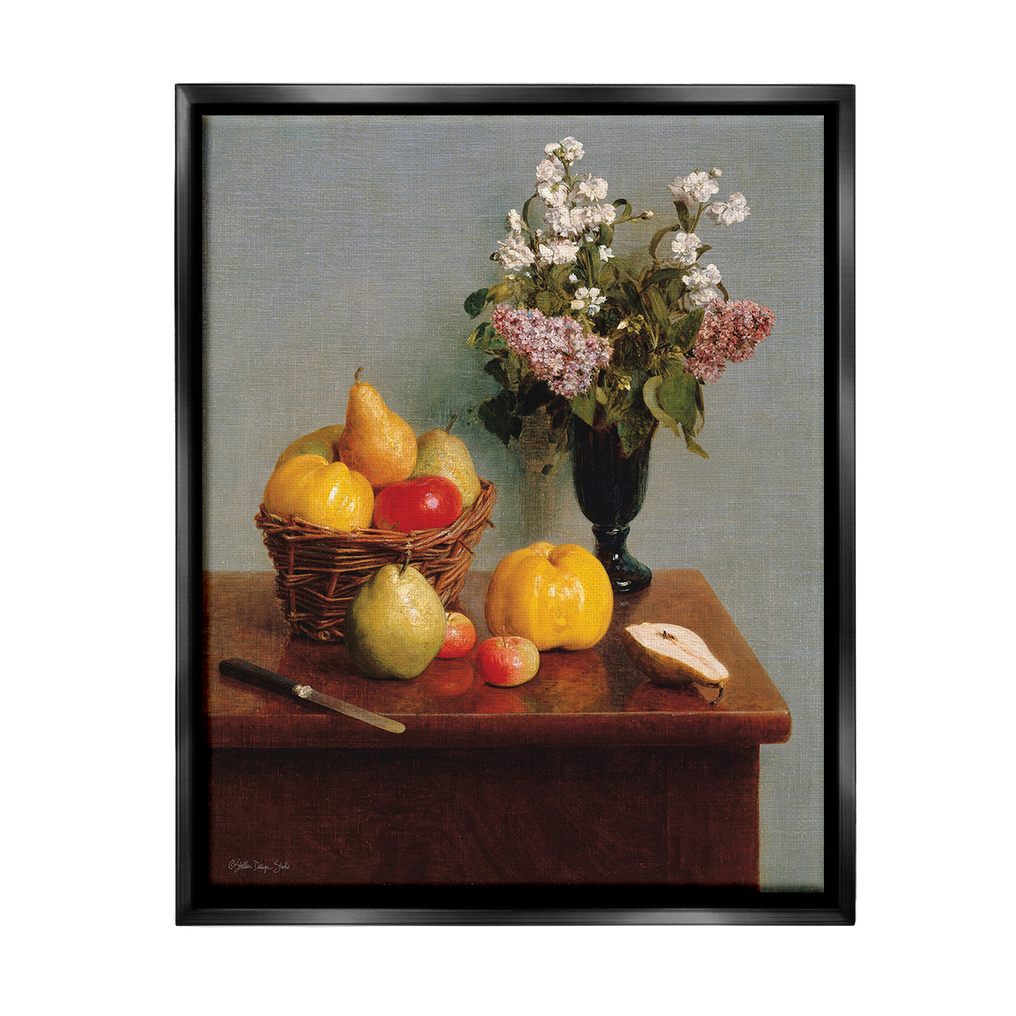 Stupell Industries Fruit & Flowers Still Life Food & Beverage Painting Black Floater Framed Canvas Art Print Wall Art, 17 x 21
