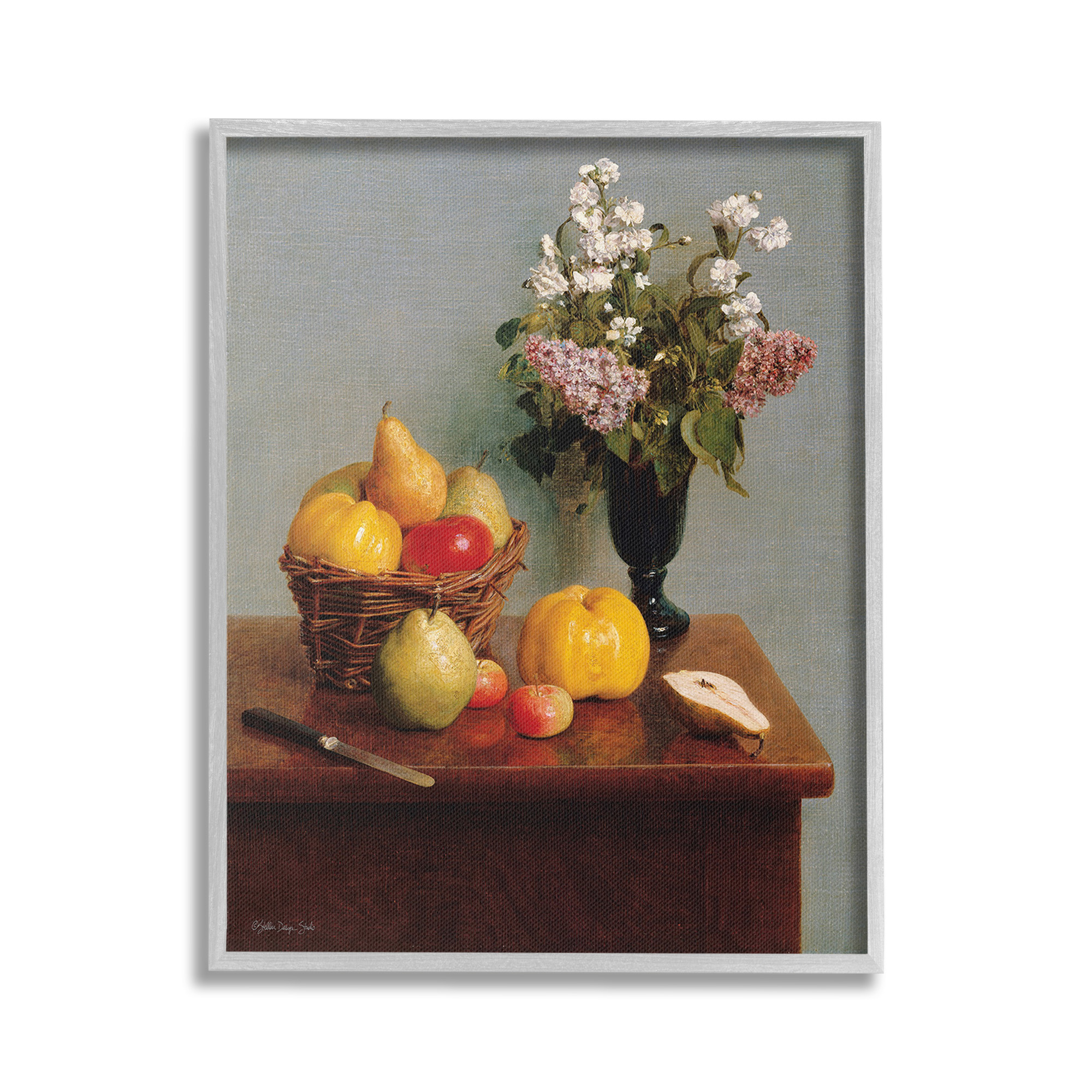 Stupell Industries Fruit & Flowers Still Life Food & Beverage Painting Gray Framed Art Print Wall Art, 16 x 20