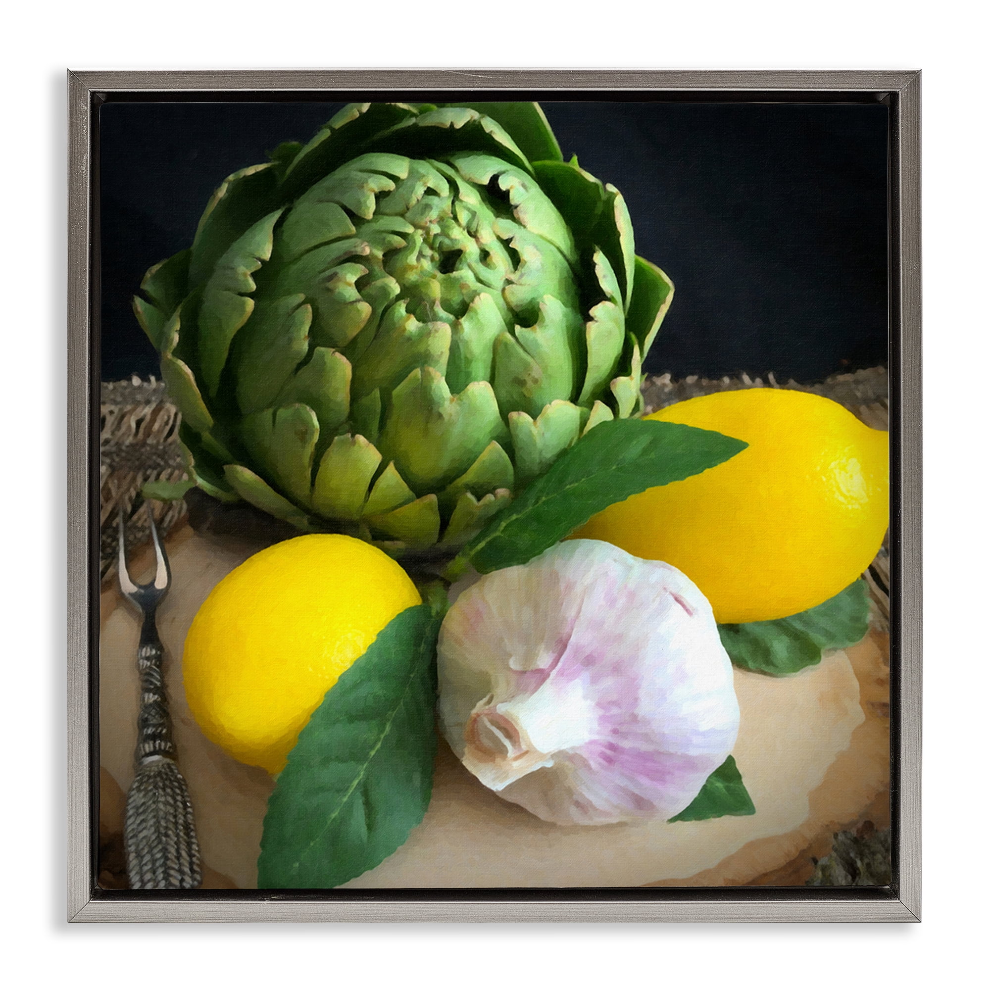 Stupell Industries Fruit & Vegetable Still Life Food & Beverage Painting Gray Floater Framed Canvas Art Print Wall Art, 18 x 18
