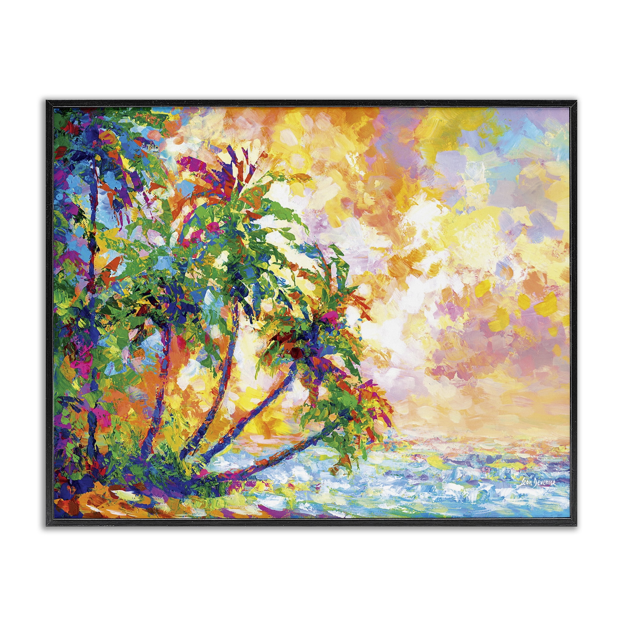 Stupell Industries Full Beach Palms Landscape Painting Black Framed Art Print Wall Art, 20 x 16