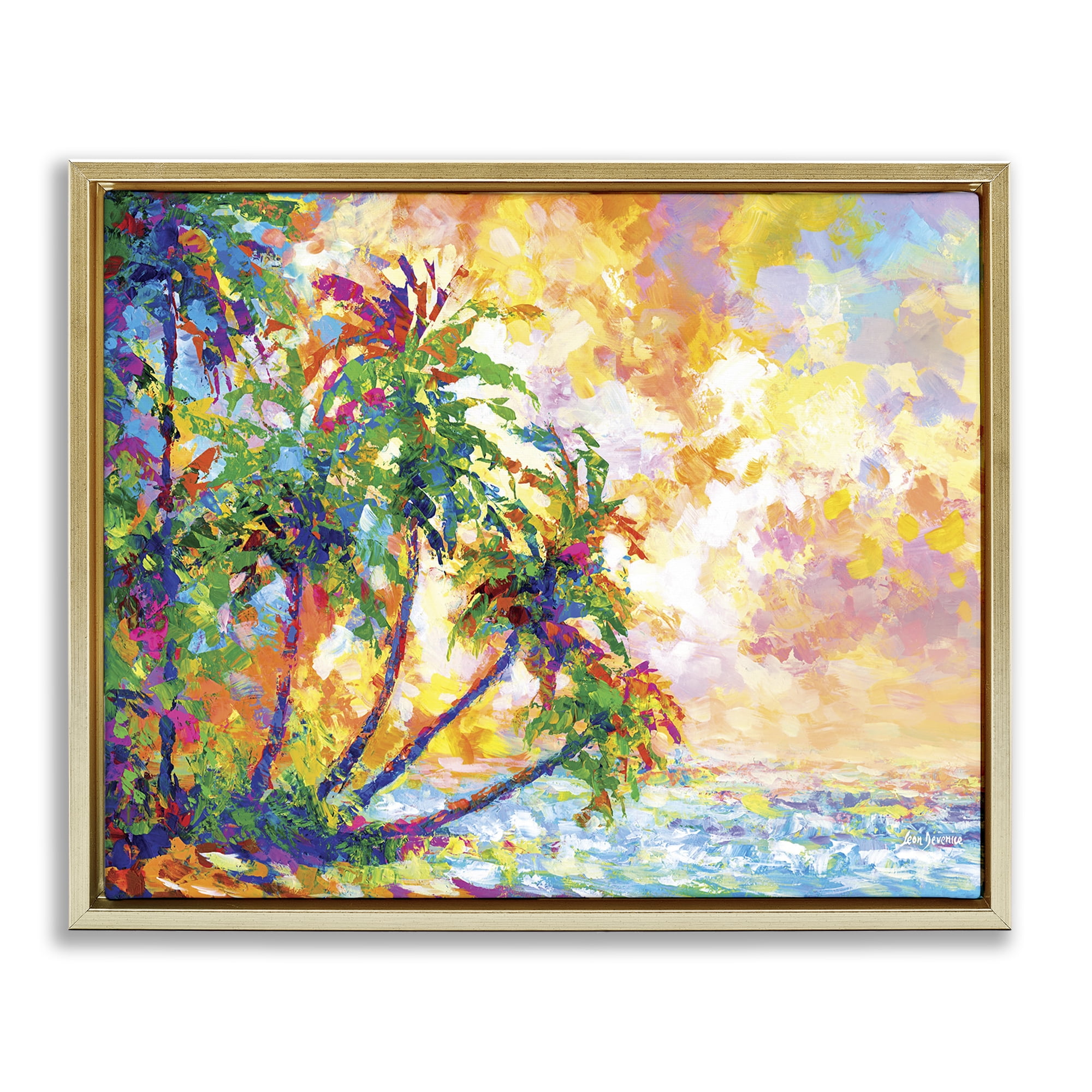 Stupell Industries Full Beach Palms Landscape Painting Gold Floater Framed Canvas Art Print Wall Art, 21 x 17
