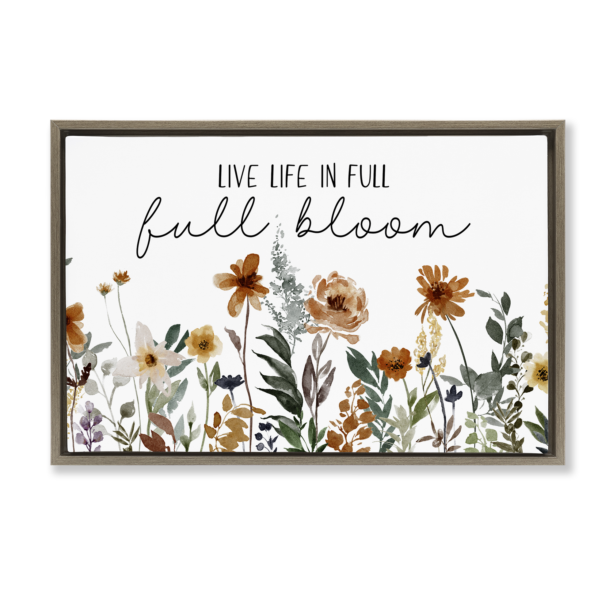 Stupell Industries Full Bloom Sentiment Plants & Flowers Painting Brown Floater Framed Canvas Art Print Wall Art, 25 x 17