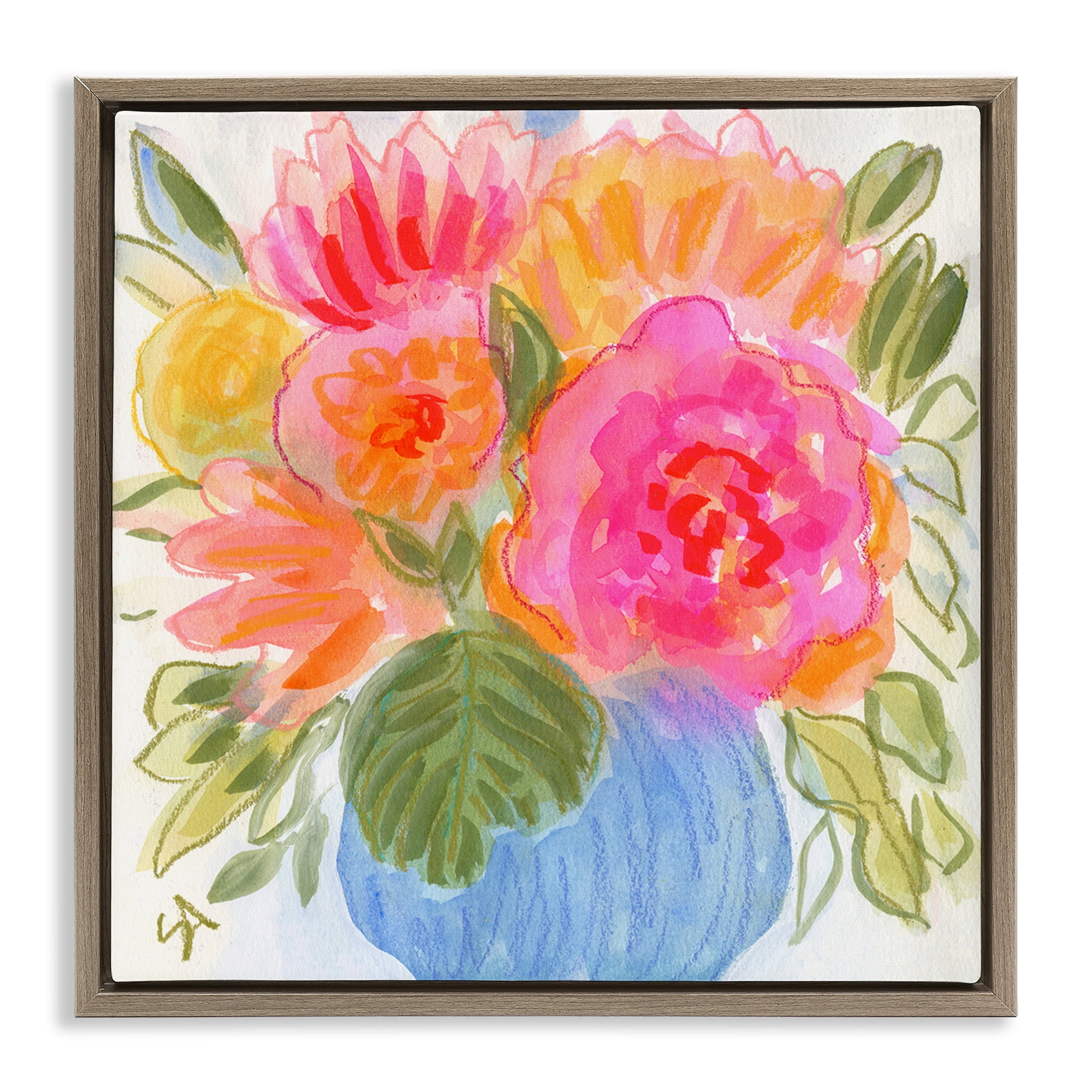 Stupell Industries Full Blossoms Bouquet Plants & Flowers Painting Brown Floater Framed Canvas Art Print Wall Art, 18 x 18