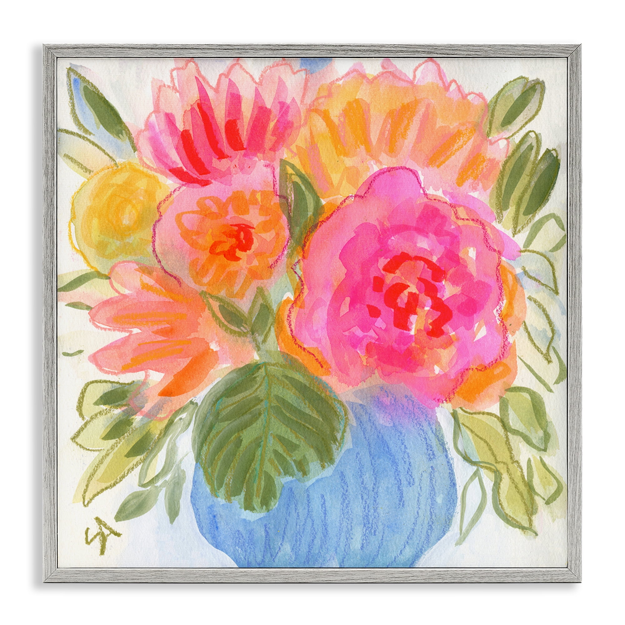 Stupell Industries Full Blossoms Bouquet Plants & Flowers Painting Gray Framed Art Print Wall Art, 17 x 17