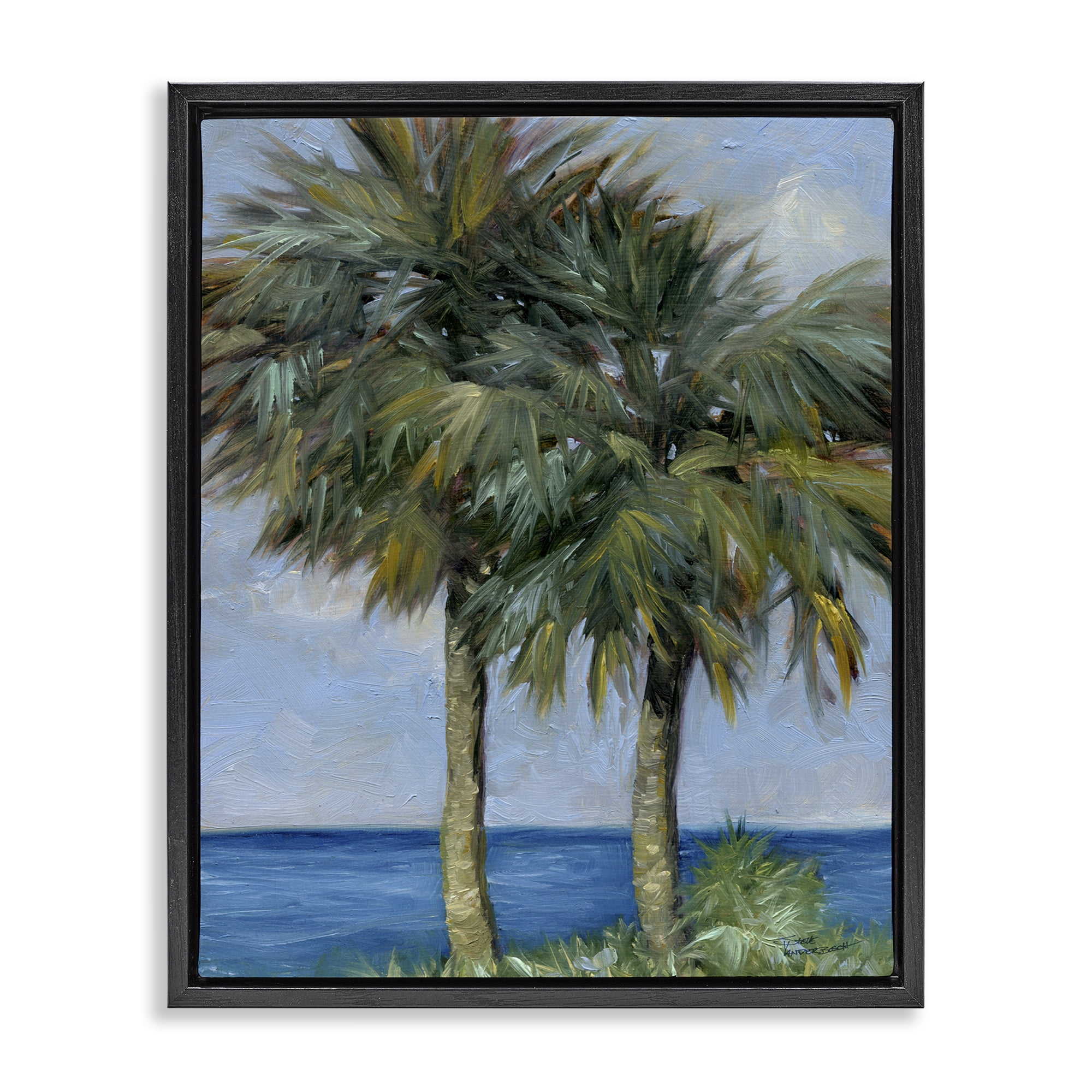 Stupell Industries Full Brushed Palms Landscape Painting Black Floater Framed Canvas Art Print Wall Art, 17 x 21