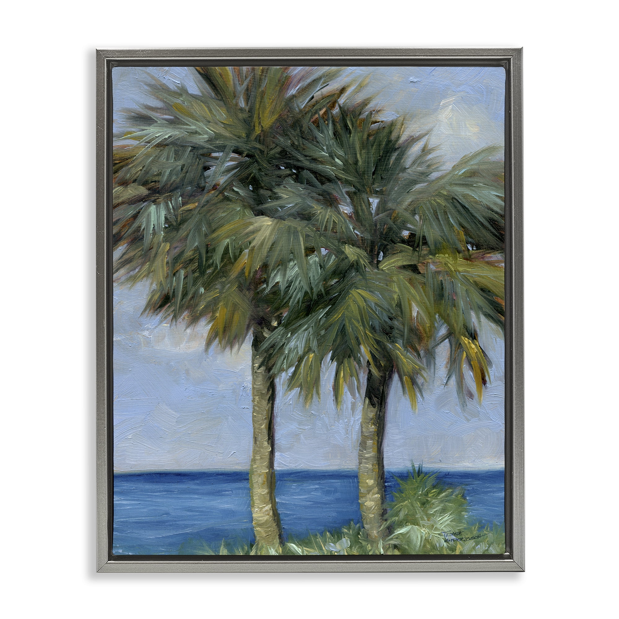 Stupell Industries Full Brushed Palms Landscape Painting Gray Floater Framed Canvas Art Print Wall Art, 17 x 21
