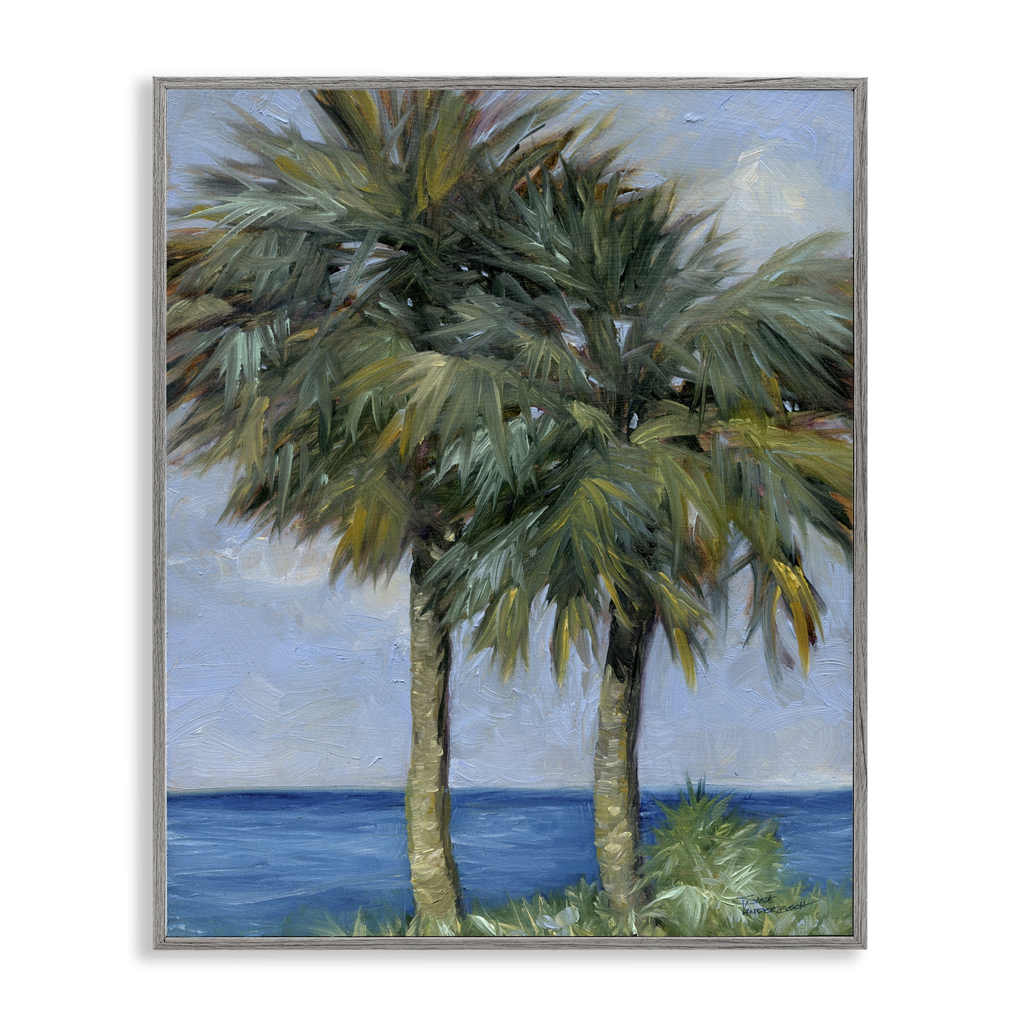 Stupell Industries Full Brushed Palms Landscape Painting Gray Framed Art Print Wall Art, 16 x 20