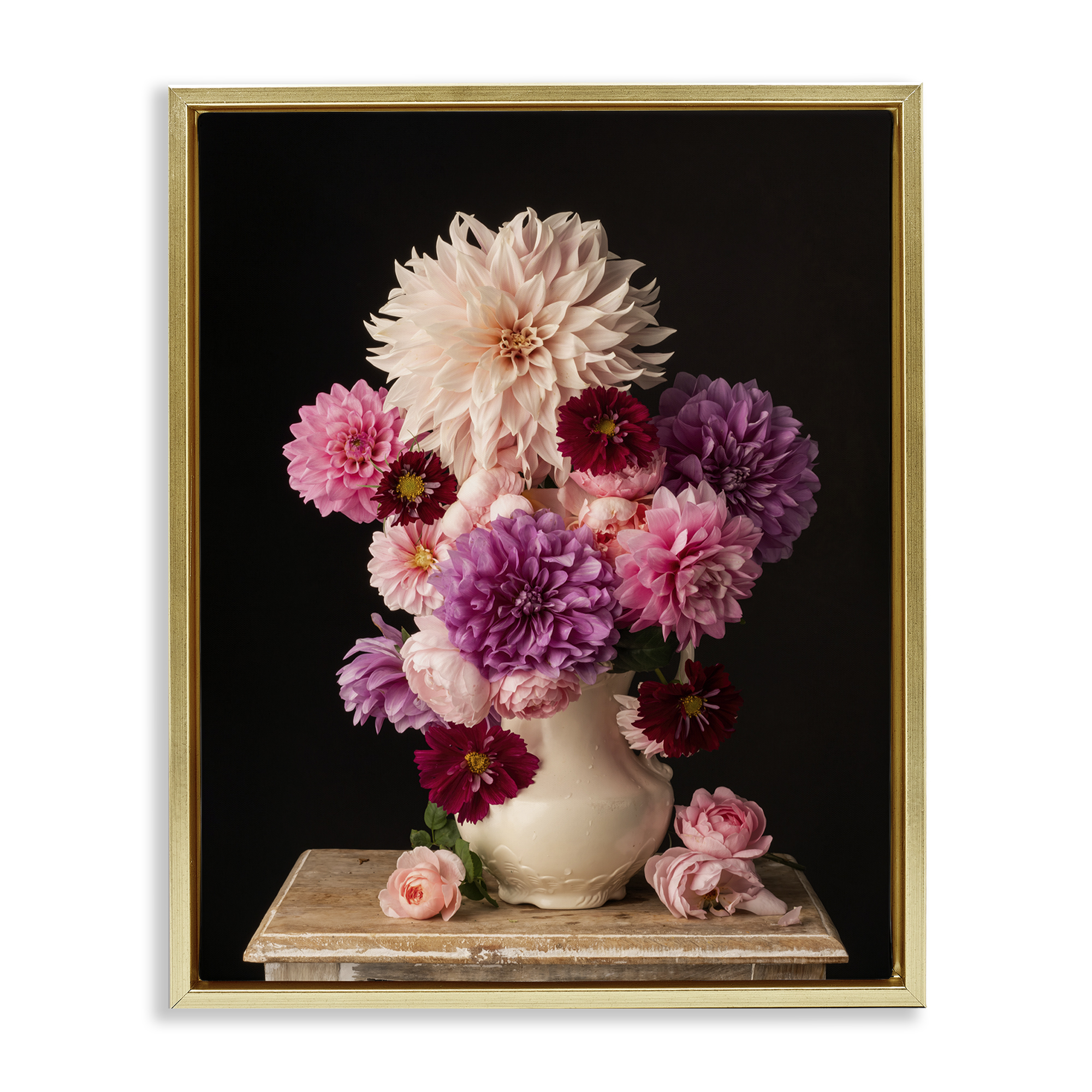 Stupell Industries Full Dahlias Bouquet Plants & Flowers Photography Gold Floater Framed Canvas Art Print Wall Art, 17 x 21