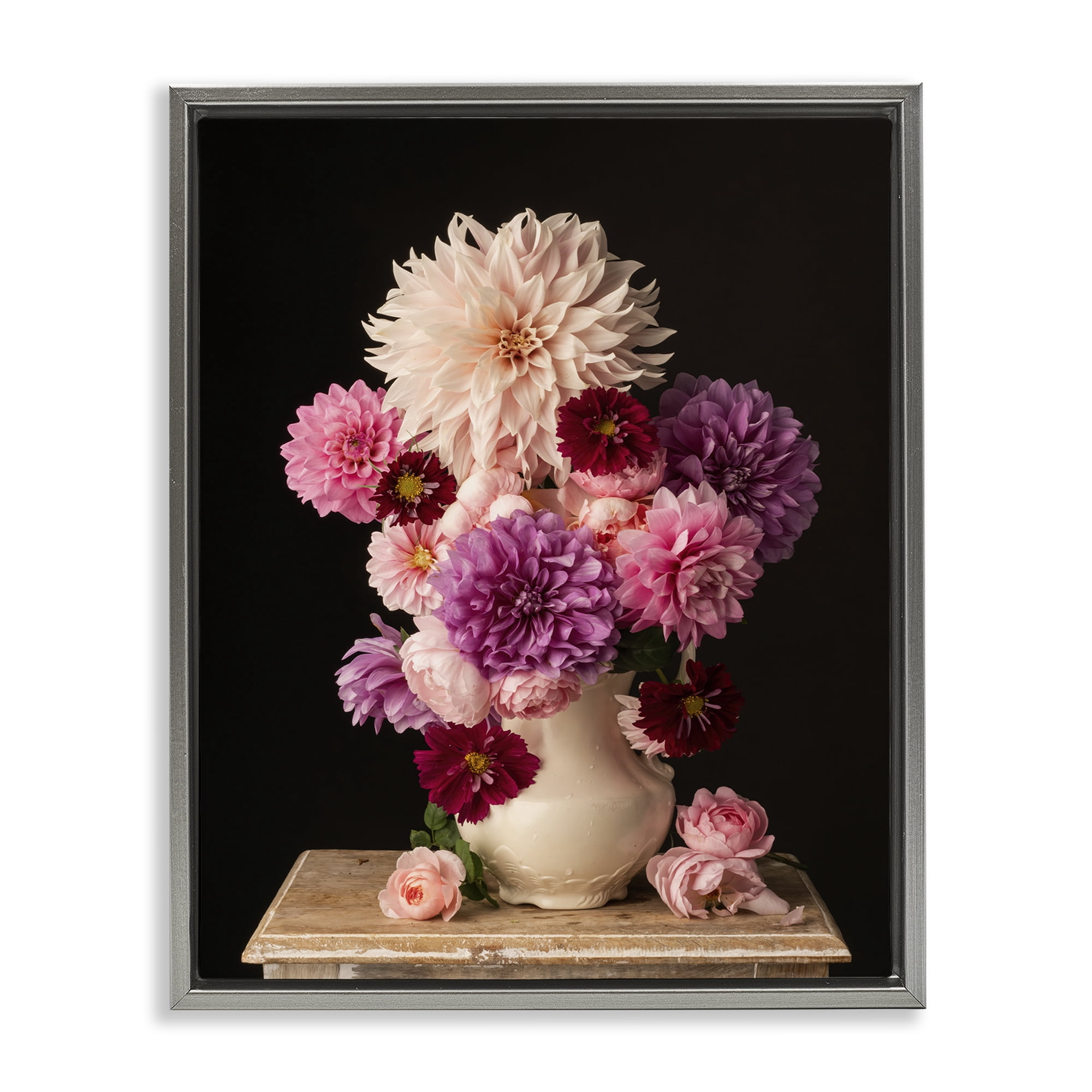 Stupell Industries Full Dahlias Bouquet Plants & Flowers Photography Gray Floater Framed Canvas Art Print Wall Art, 17 x 21