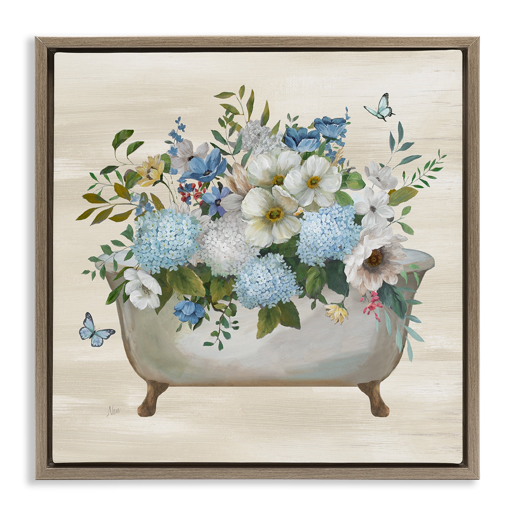 Stupell Industries Full Hydrangea Bathtub Typography Painting Brown Floater Framed Canvas Art Print Wall Art, 18 x 18