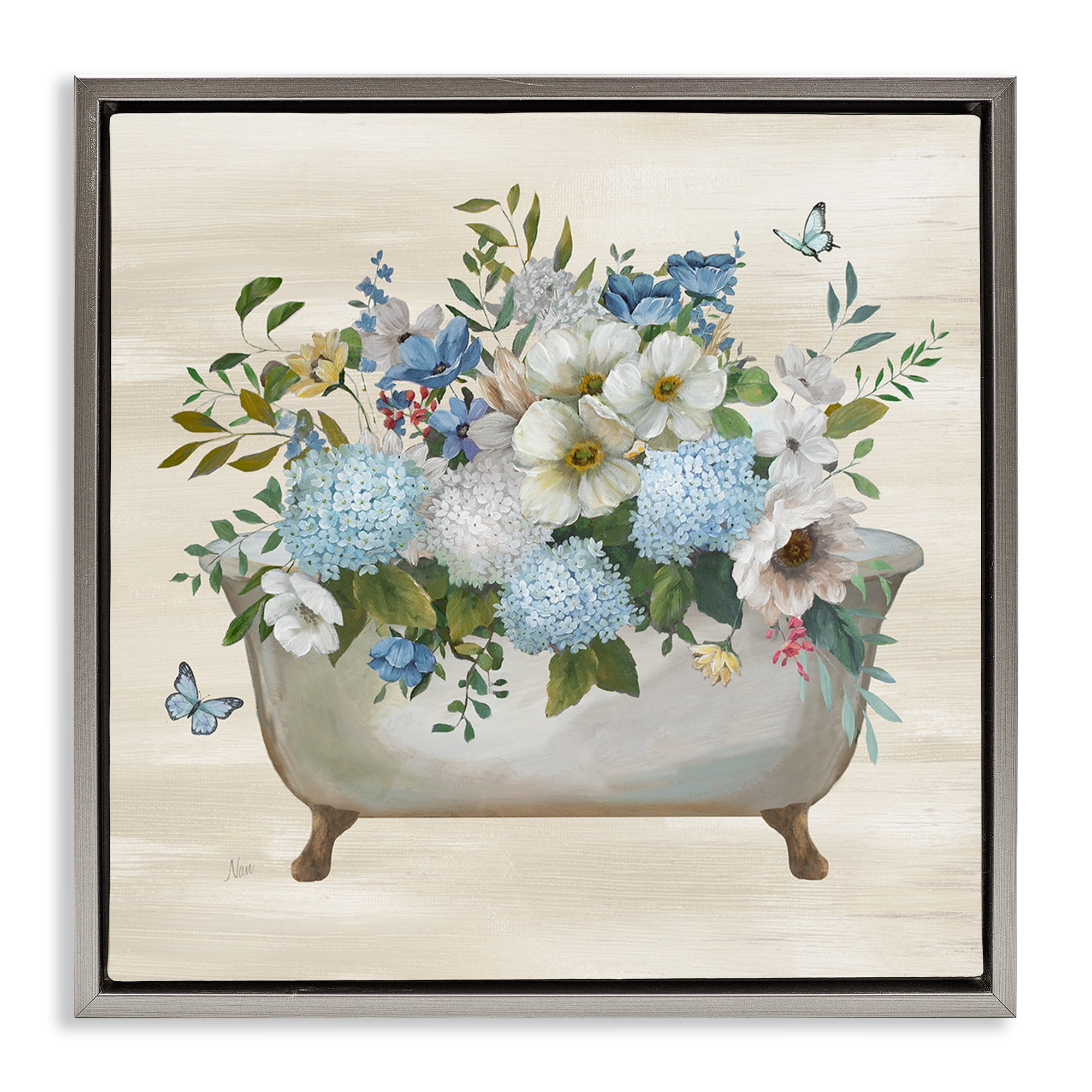 Stupell Industries Full Hydrangea Bathtub Typography Painting Gray Floater Framed Canvas Art Print Wall Art, 25 x 25