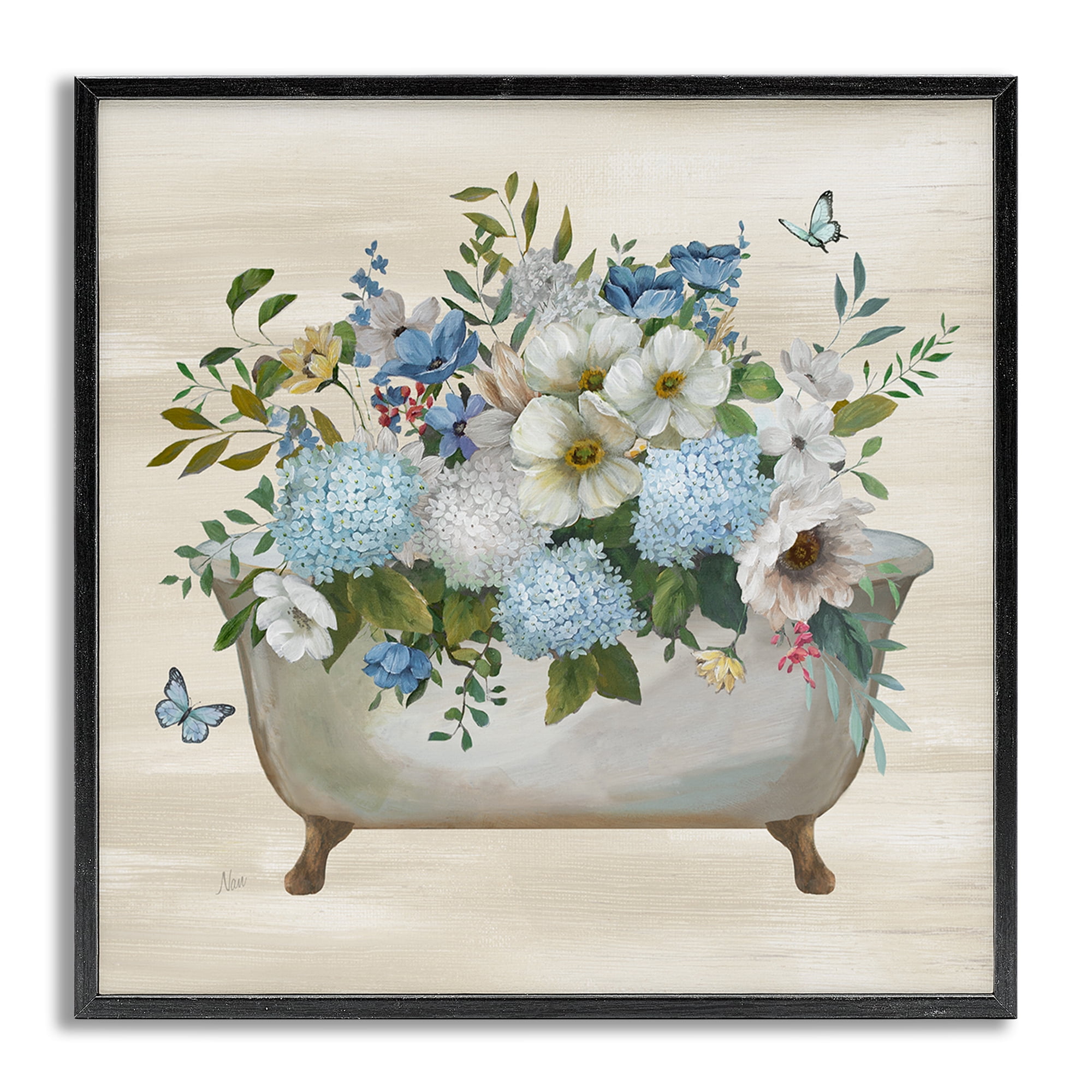 Stupell Industries Full Hydrangea Bathtub Typography Painting Gray Framed Art Print Wall Art, 24 x 24