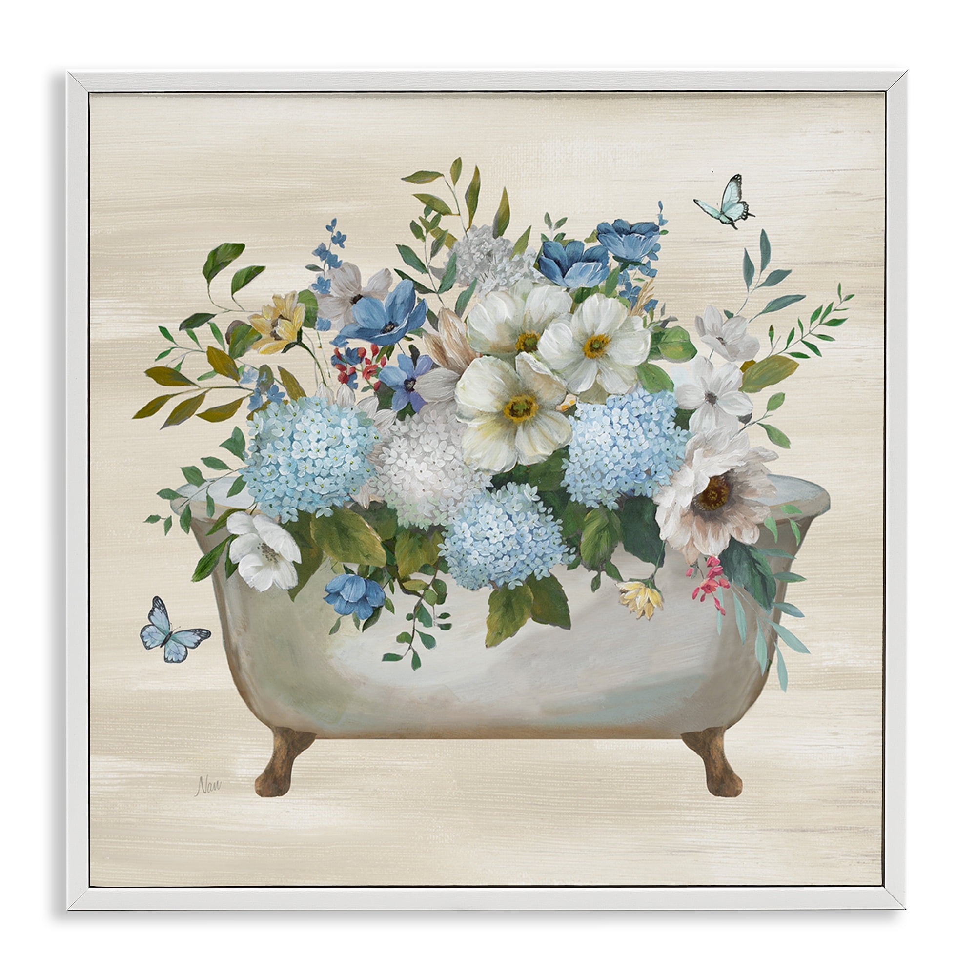 Stupell Industries Full Hydrangea Bathtub Typography Painting White Framed Art Print Wall Art, 12 x 12