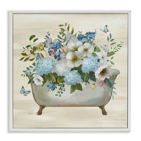 Stupell Industries Full Hydrangea Bathtub Typography Painting White Framed Art Print Wall Art, 17 x 17