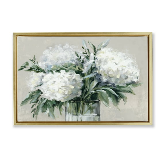 Stupell Industries Full Hydrangeas in White Plants & Flowers Painting Gold Floater Framed Canvas Art Print Wall Art, 25 x 17