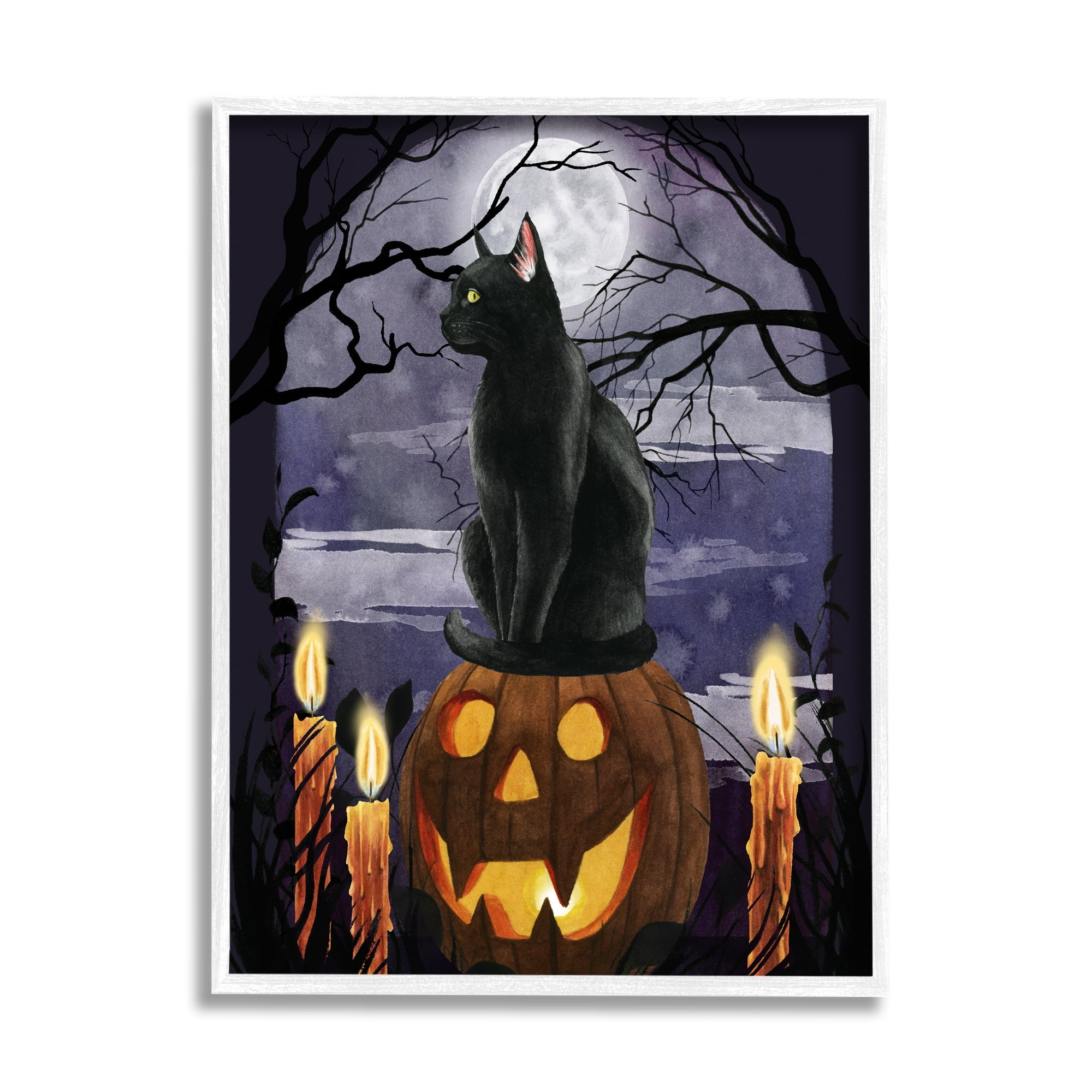 Stupell Industries Full Moon Halloween Night Spooky Black Cat Jack-o'-lantern, 11 x 14, Design by Grace Popp