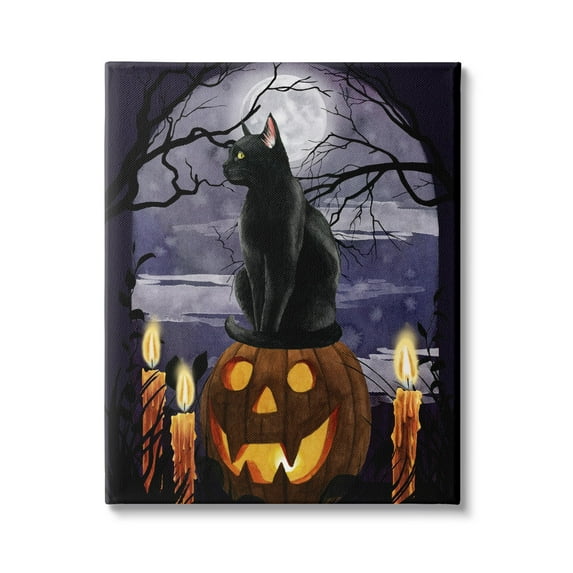 Stupell Industries Full Moon Halloween Night Spooky Black Cat Jack-o'-lantern, 16 x 20, Design by Grace Popp