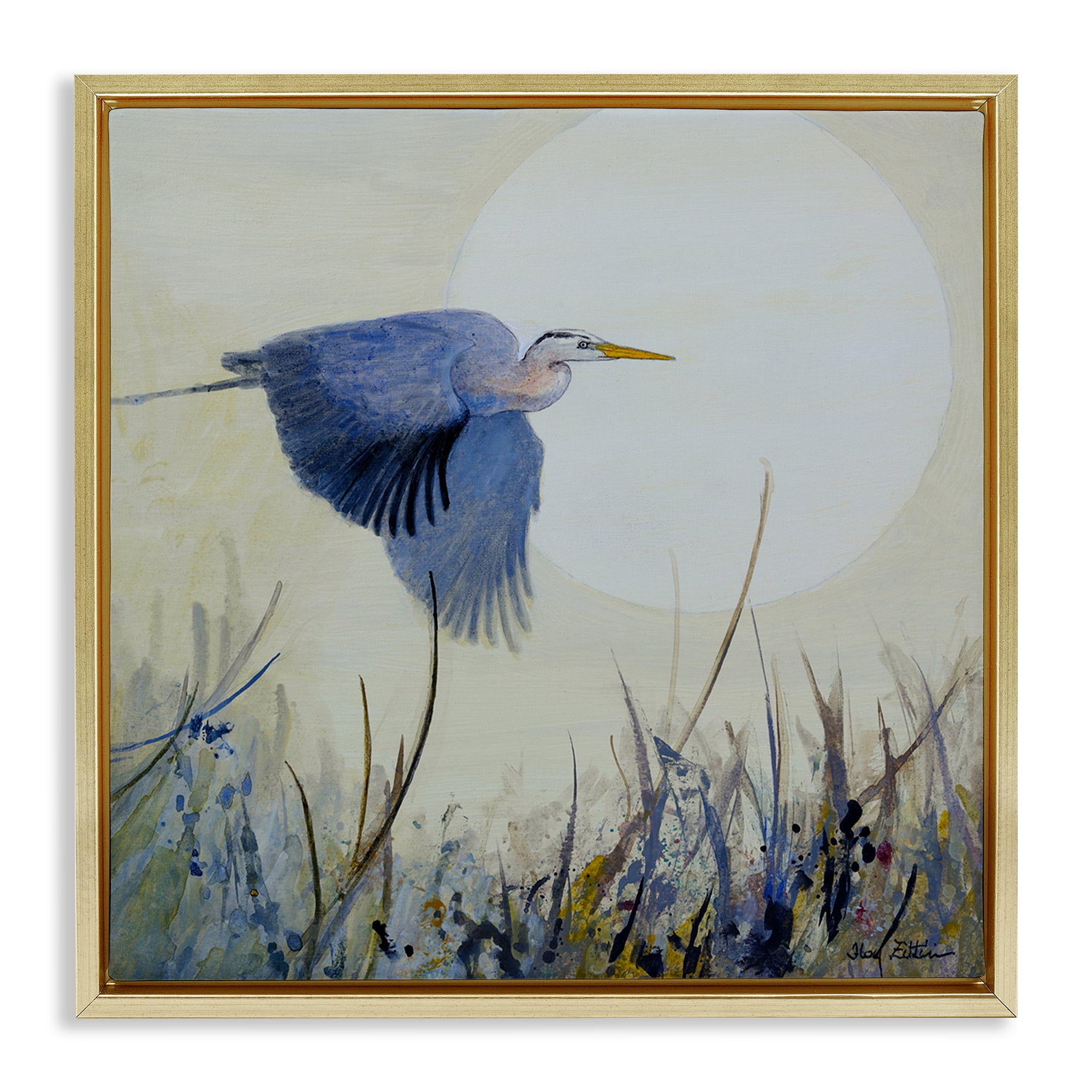 Stupell Industries Full Moon & Heron Birds Painting Gold Floater Framed Canvas Art Print Wall Art, 25 x 25