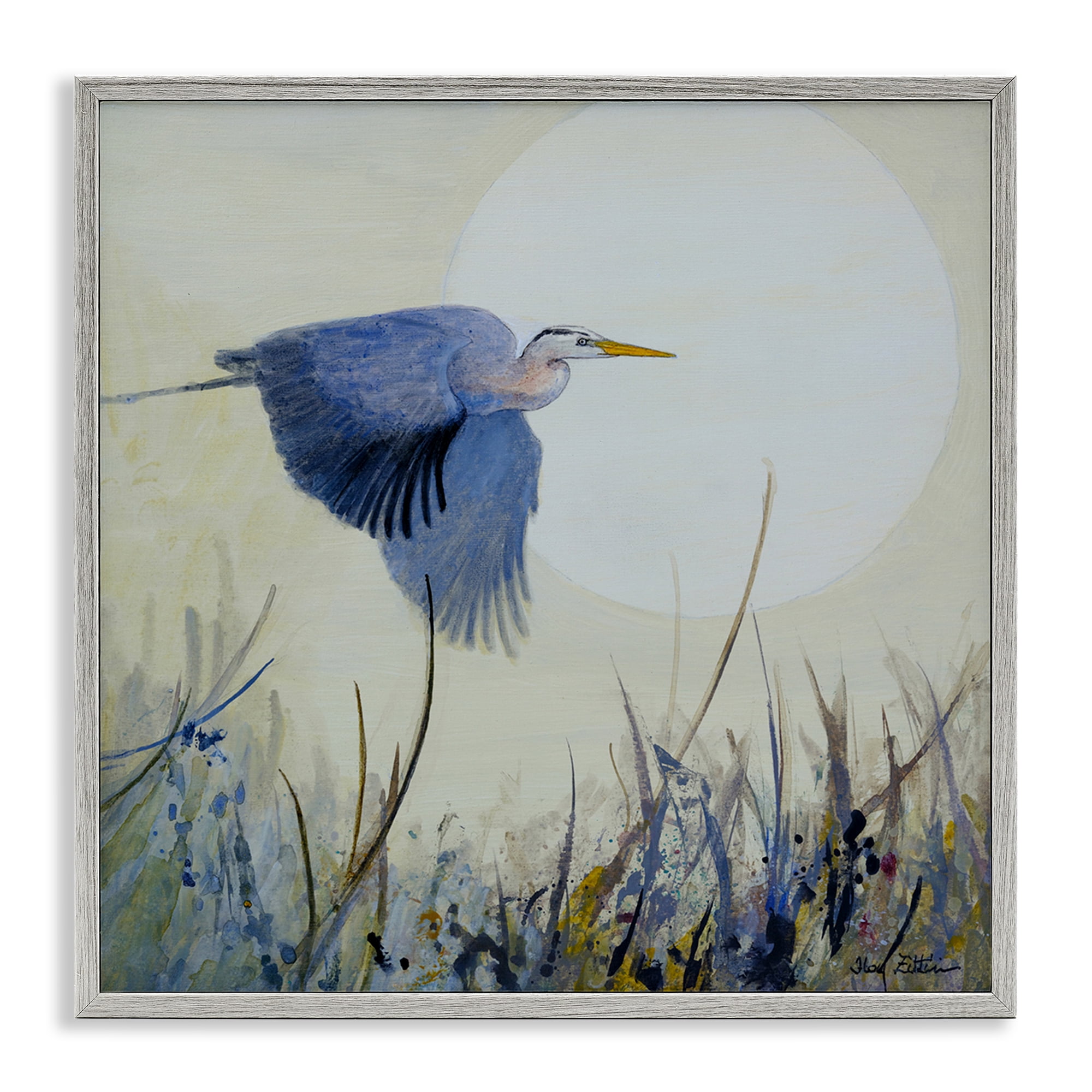 Stupell Industries Full Moon & Heron Birds Painting Gray Framed Art Print Wall Art, 12 x 12