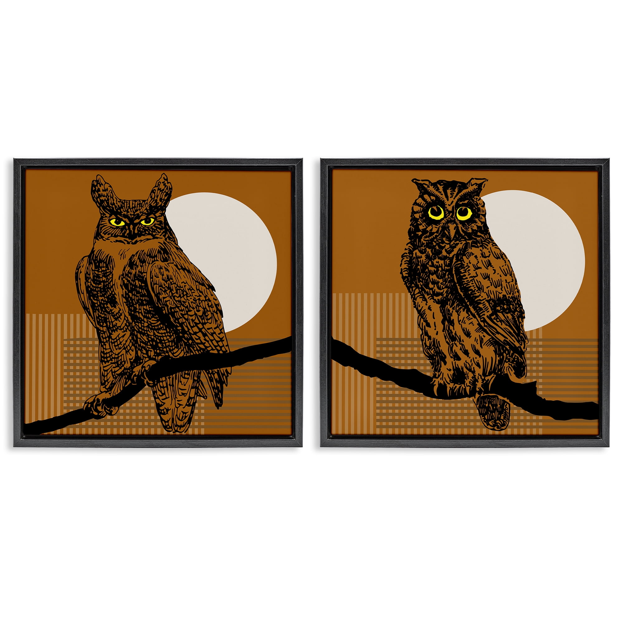 Stupell Industries Full Moon Owls on Branch Animals Painting Black Floater Framed Canvas Art Print Wall Art, 25 x 25, Set of 2
