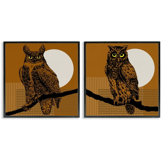 Stupell Industries Full Moon Owls on Branch Animals Painting Black Framed Art Print Wall Art, 12 x 12, Set of 2