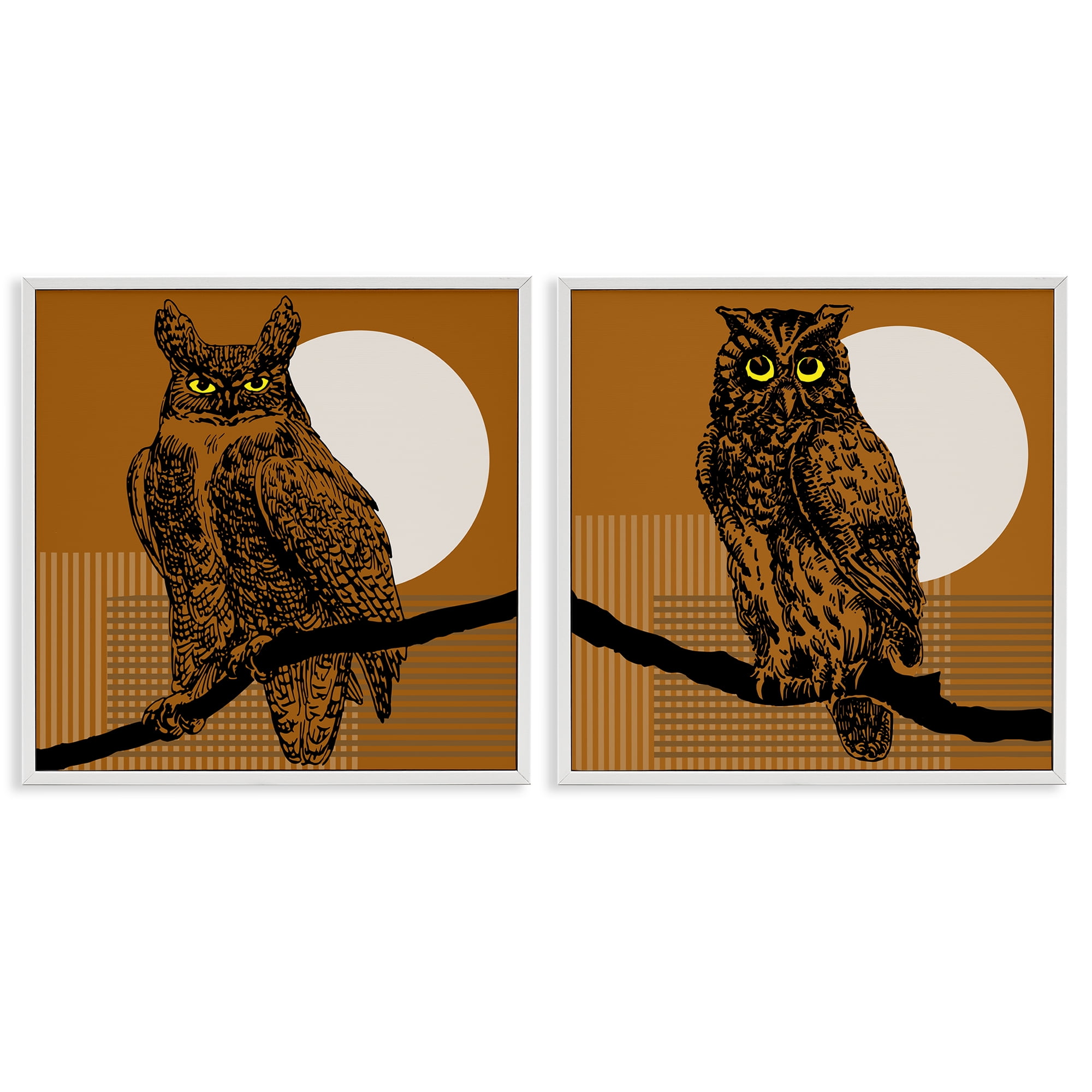 Stupell Industries Full Moon Owls on Branch Animals Painting White Framed Art Print Wall Art, 17 x 17, Set of 2