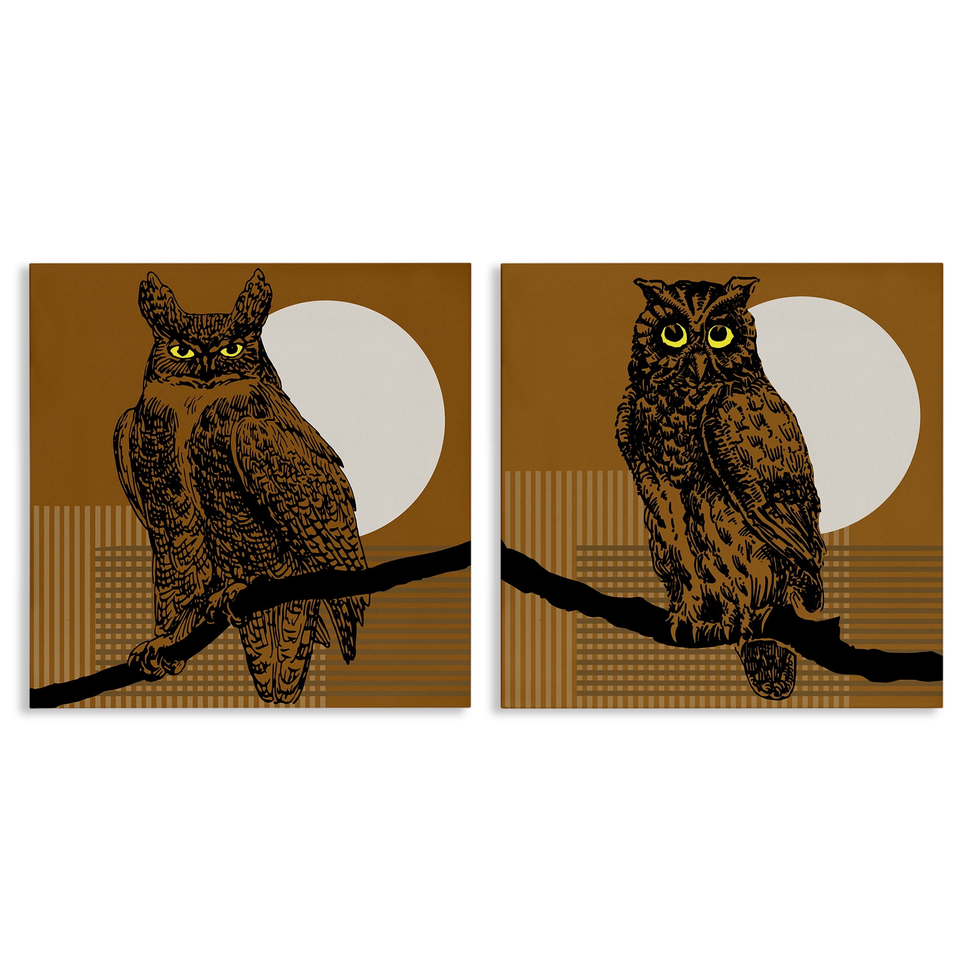 Stupell Industries Full Moon Owls on Branch Animals Painting Wrapped Canvas Art Print Wall Art, 24 x 24, Set of 2
