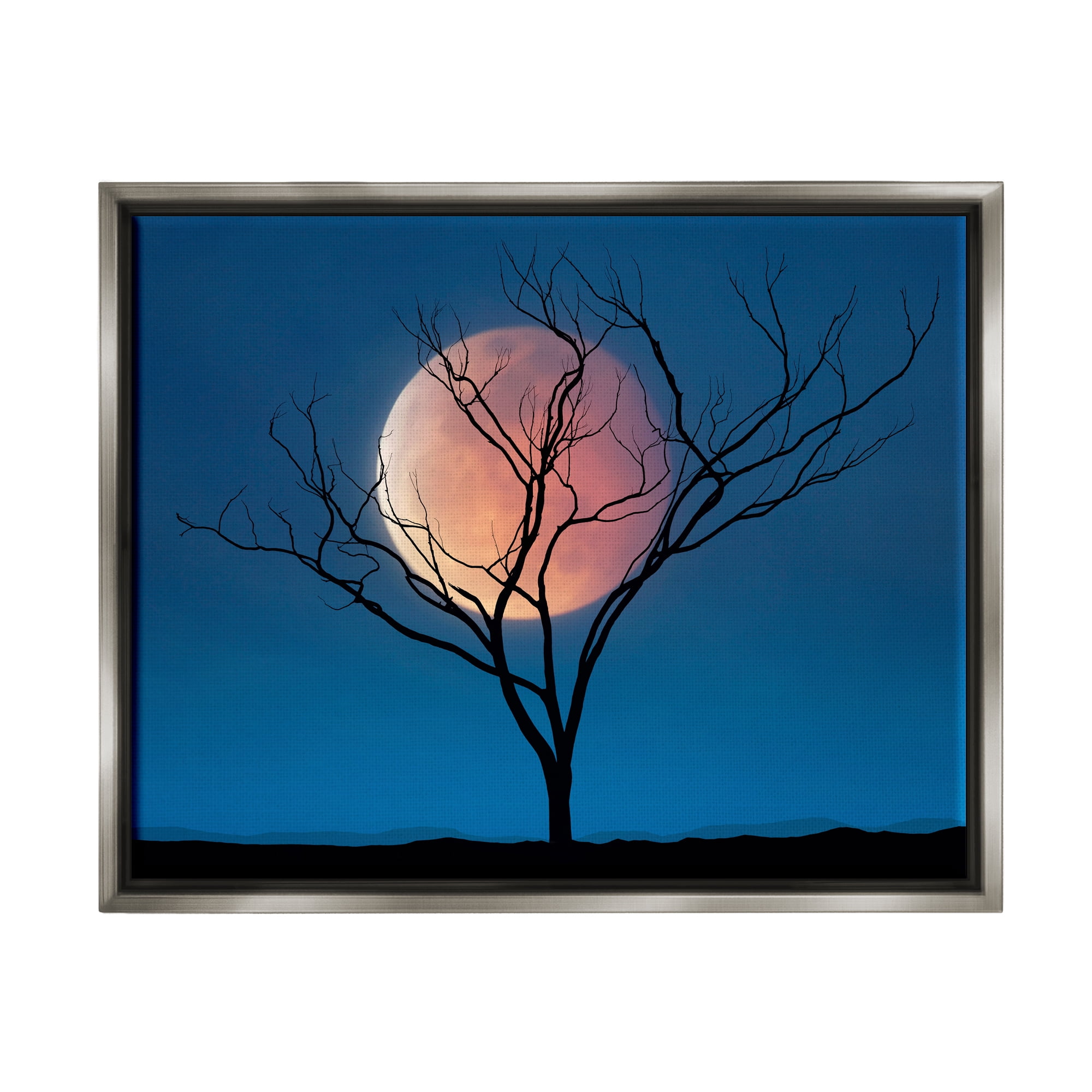 Stupell Industries Full Moon & Tree Landscape Painting Gray Floater Framed Canvas Art Print Wall Art, 21 x 17