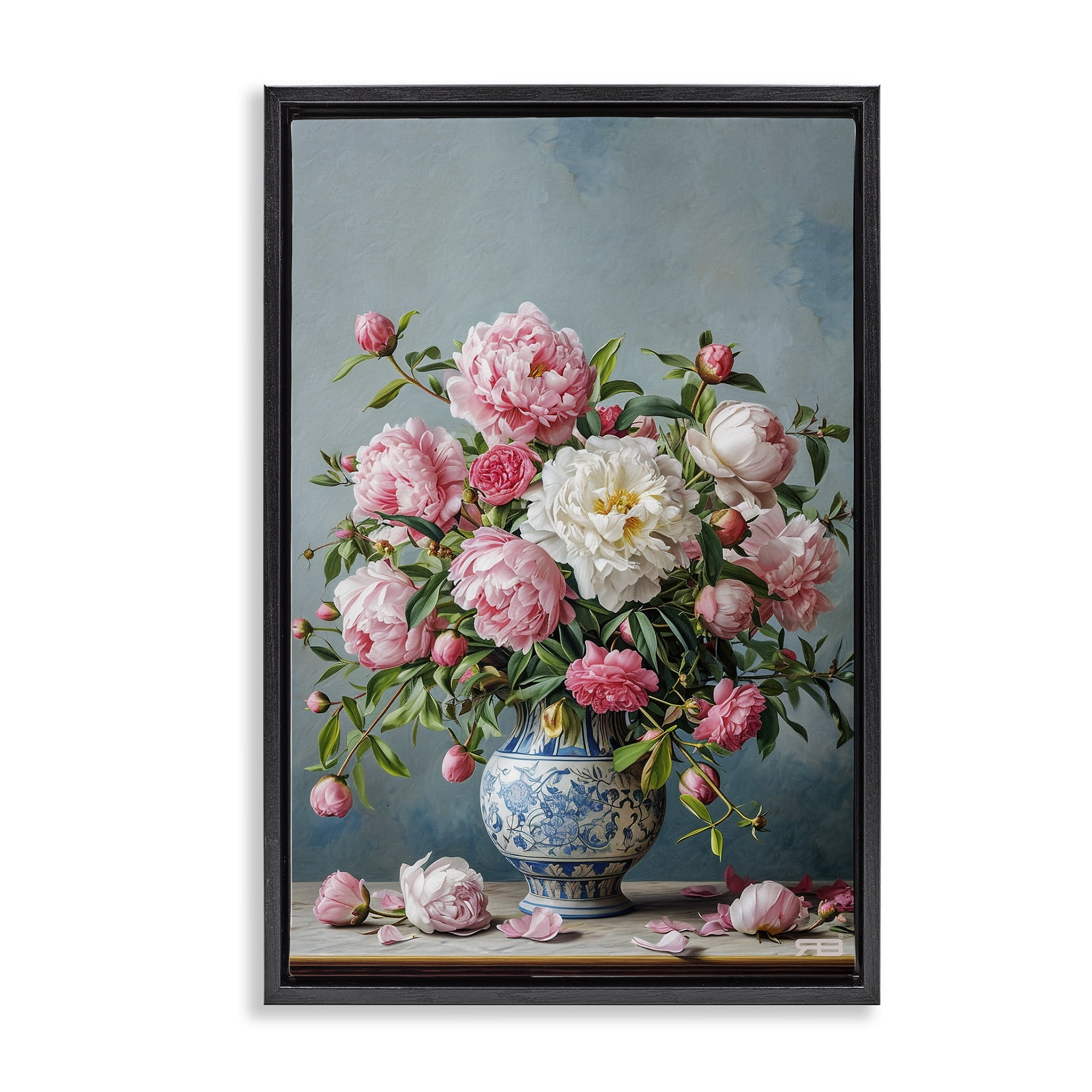 Stupell Industries Full Peonies Vase Botanical & Floral Painting Black Floater Framed Art Print Wall Art, 21 x 31