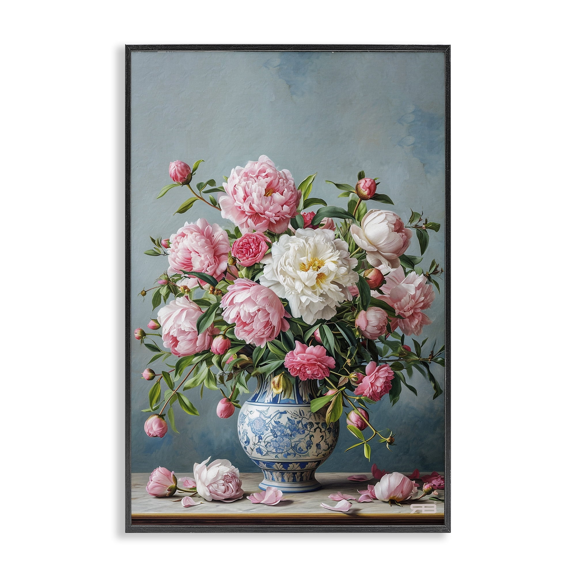Stupell Industries Full Peonies Vase Botanical & Floral Painting Black Framed Art Print Wall Art, 16 x 24