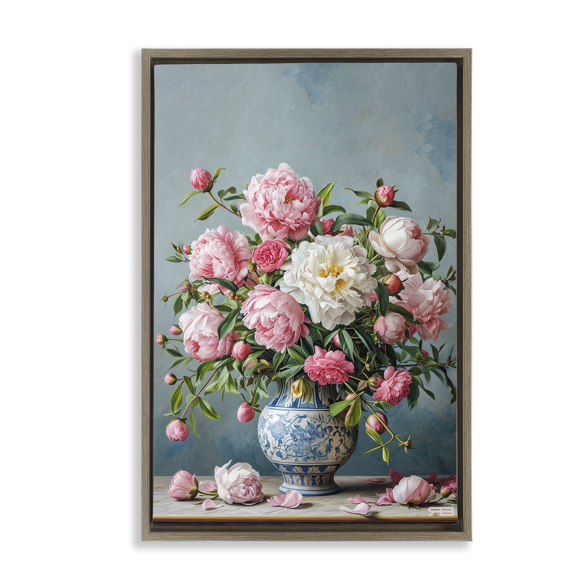 Stupell Industries Full Peonies Vase Botanical & Floral Painting Brown Floater Framed Art Print Wall Art, 21 x 31