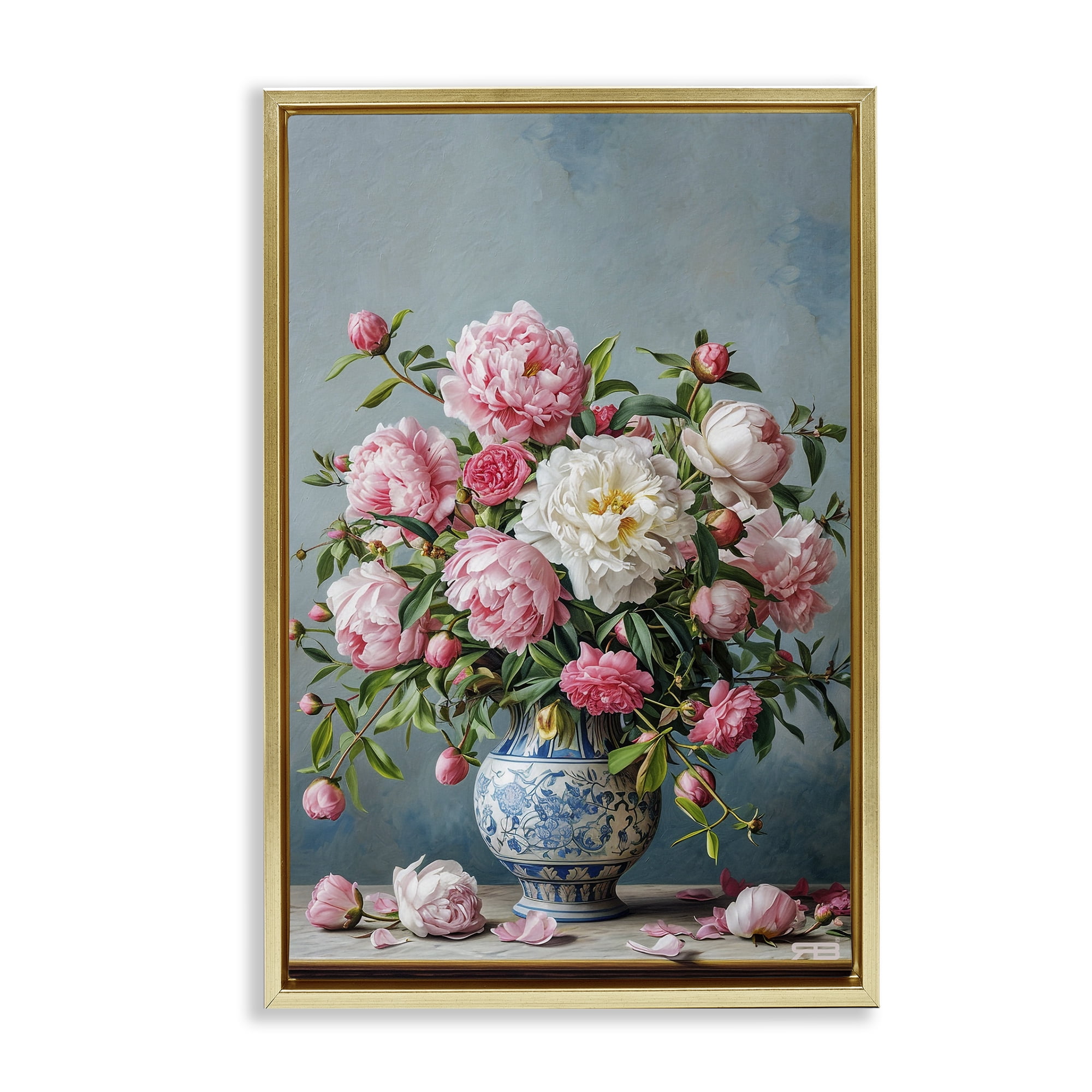 Stupell Industries Full Peonies Vase Botanical & Floral Painting Gold Floater Framed Art Print Wall Art, 17 x 25